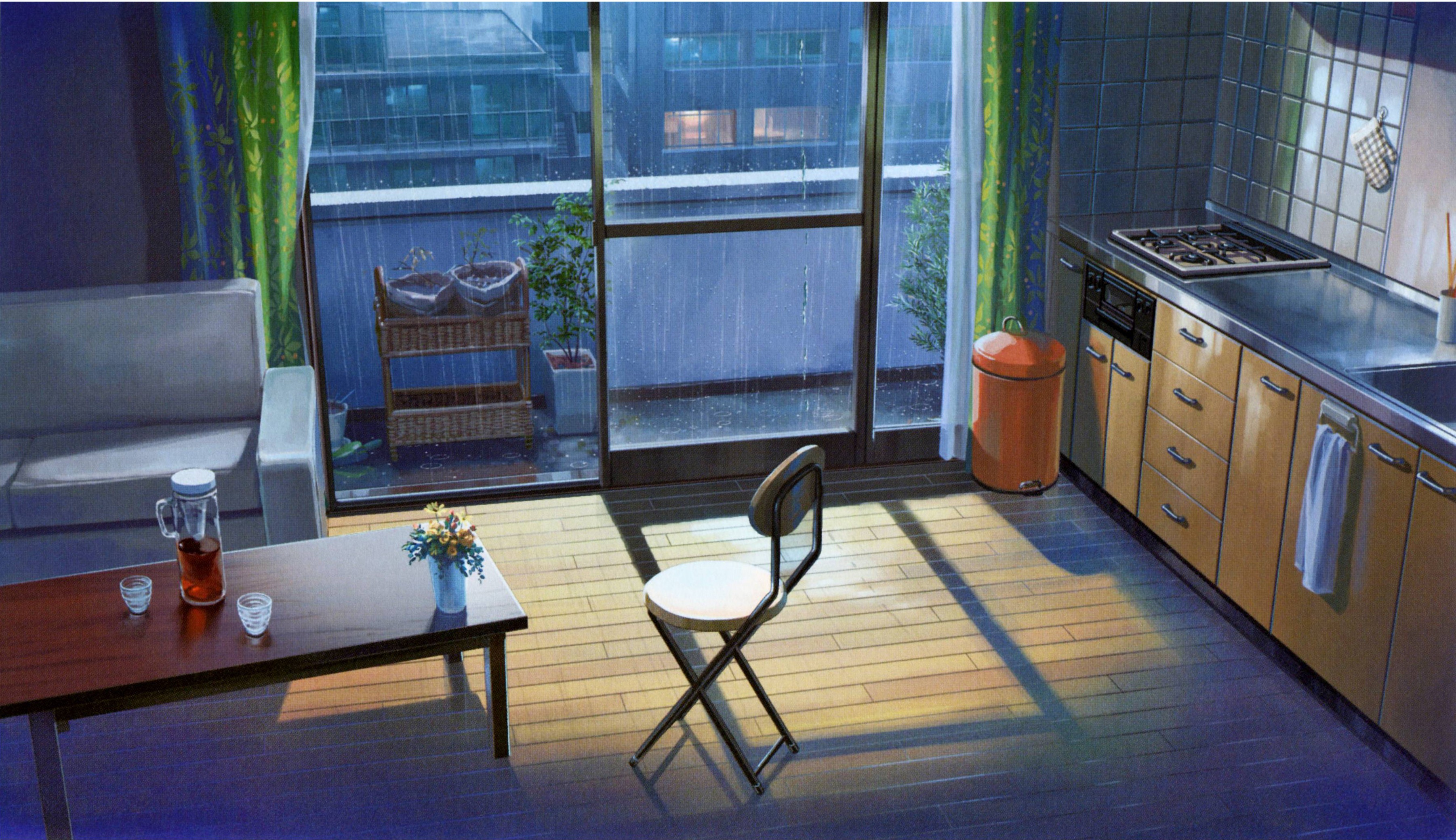 Apartment interior with balcony during rain HD Wallpaper