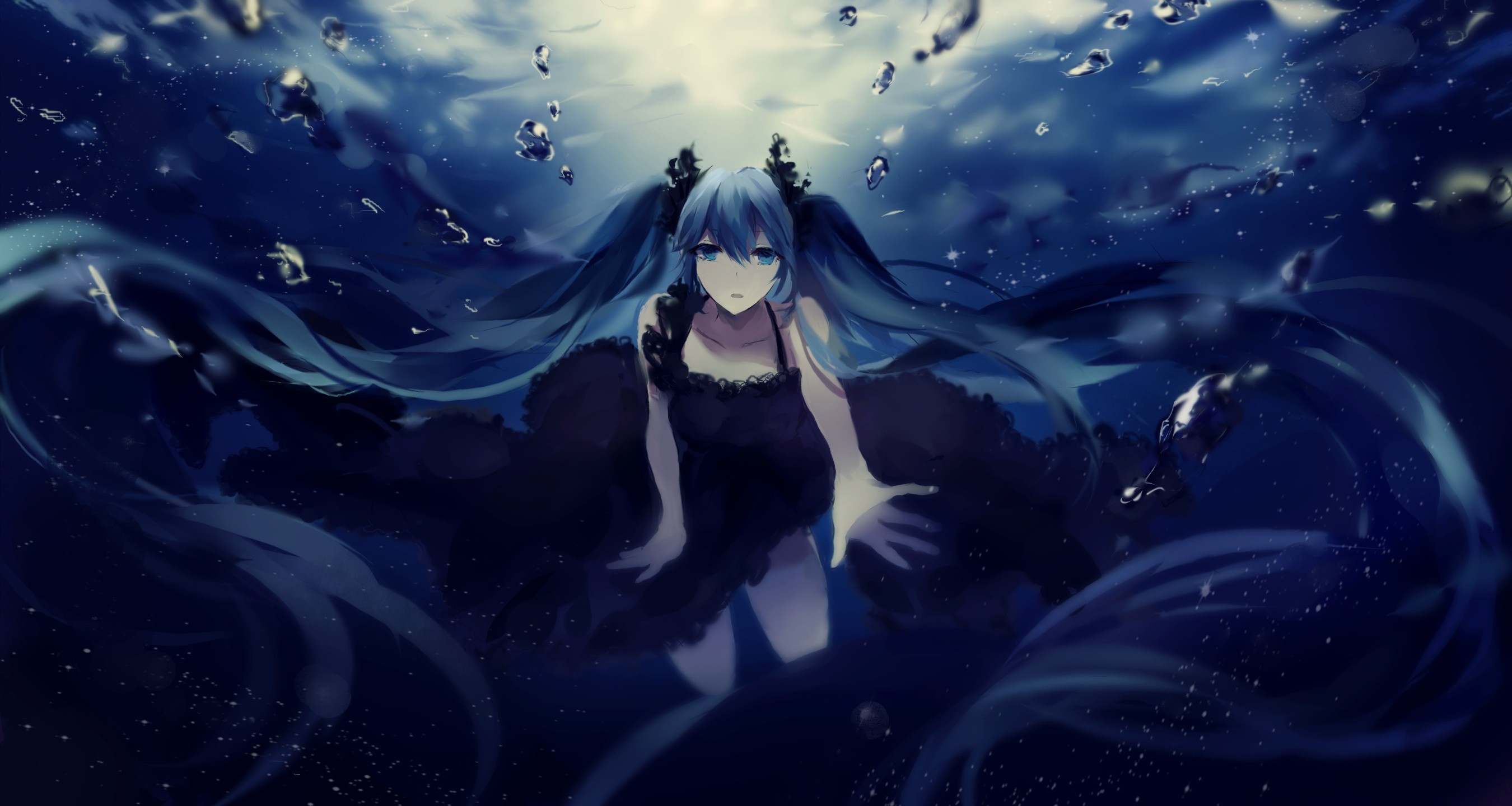Hatsune Miku underwater in a black dress HD Wallpaper