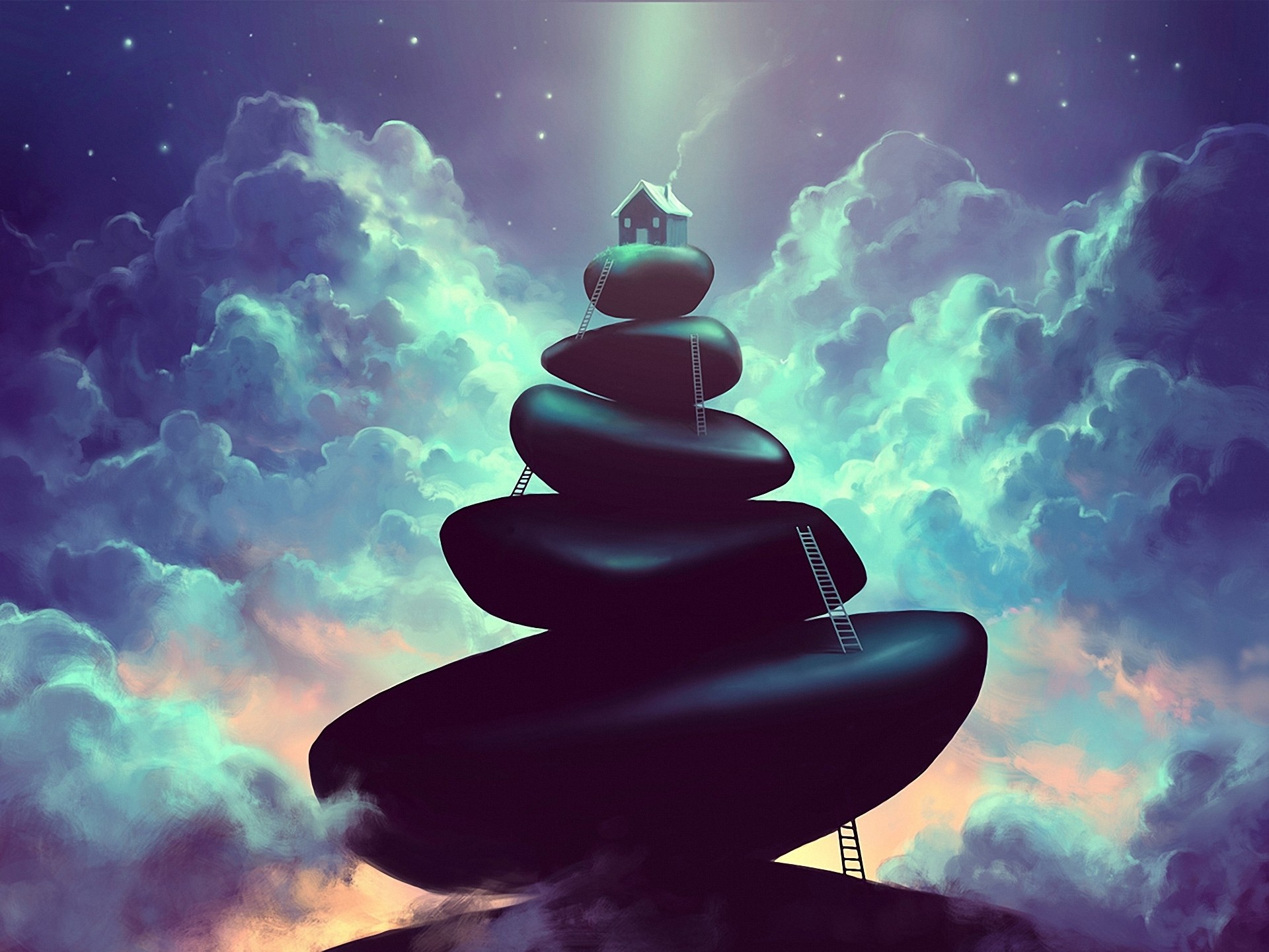 House on stacked stones with ladders in clouds HD Wallpaper