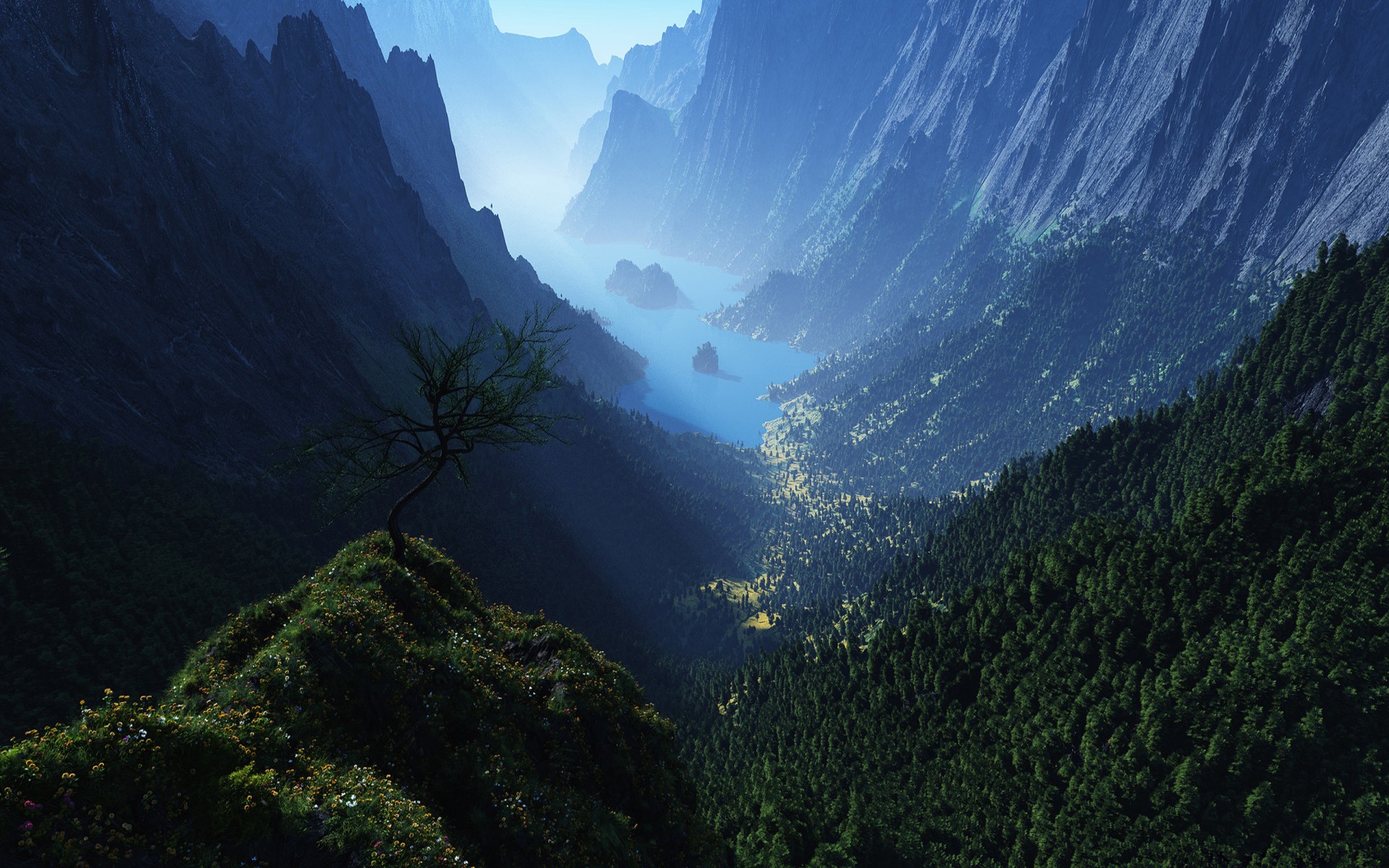 Misty mountain valley with a lake and a lone tree HD Wallpaper