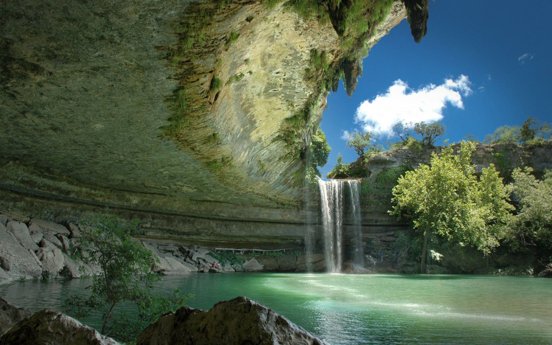 Waterfall cascading into a turquoise pool under a rocky overhang HD Wallpaper