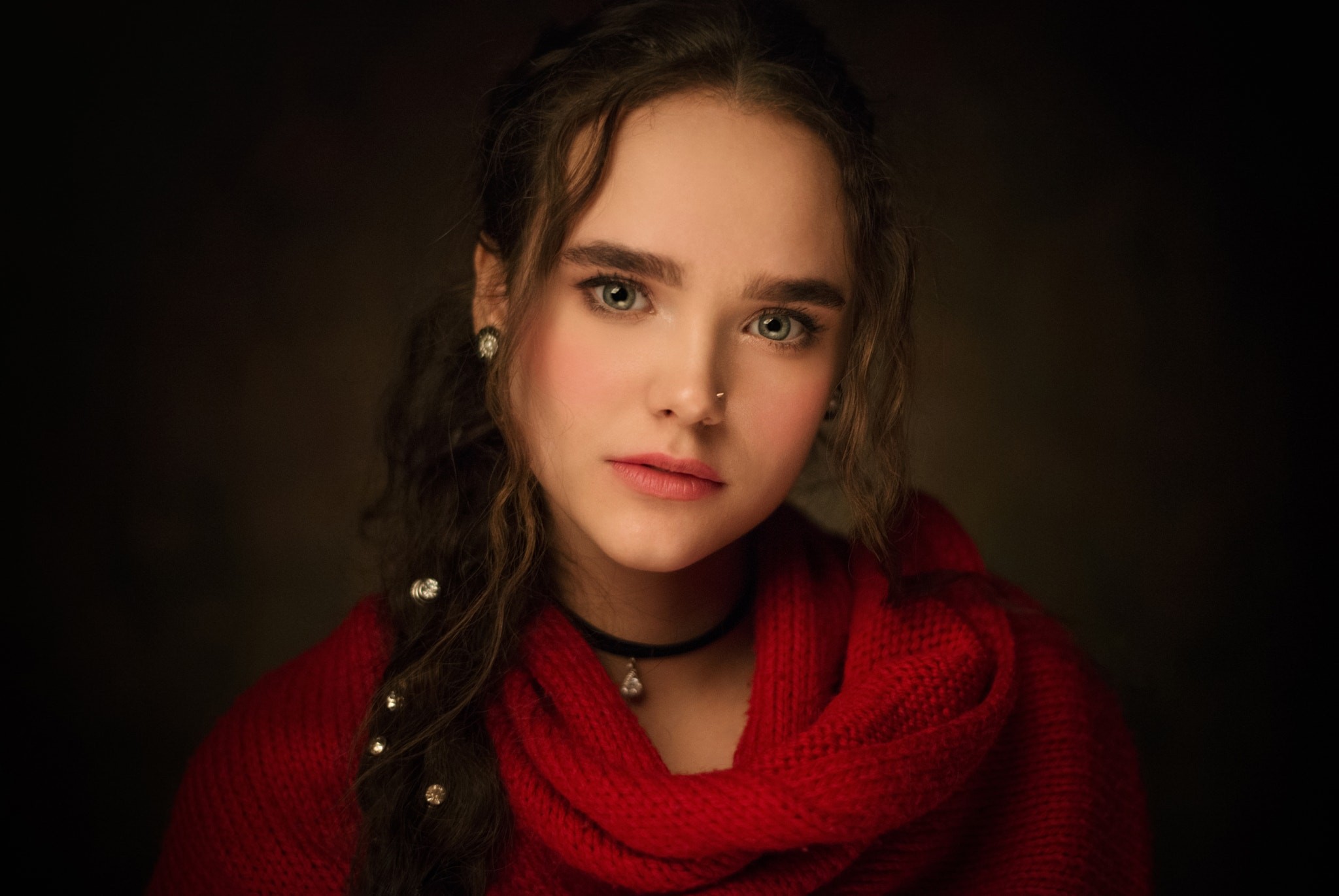 Portrait of Anna Lobza with a red scarf HD Wallpaper