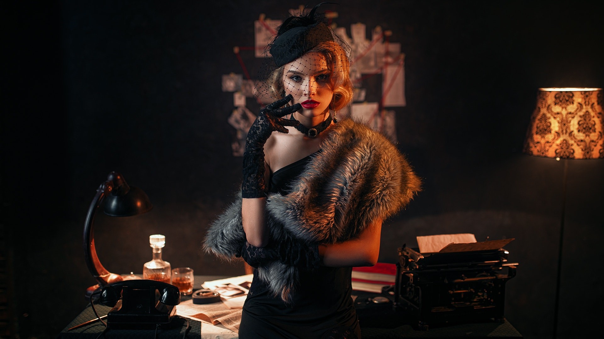 Woman in vintage attire with fur stole and hat HD Wallpaper