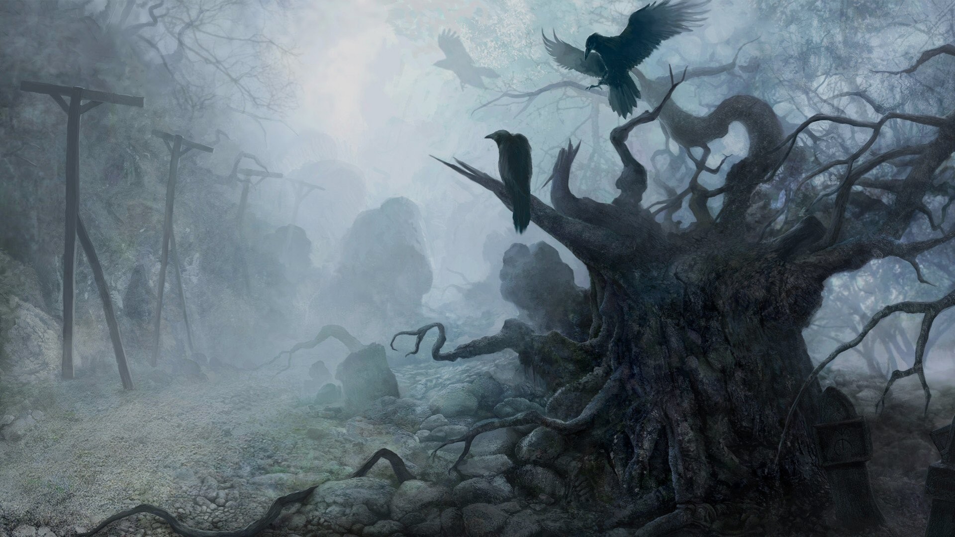 Creepy forest with dead trees and crows HD Wallpaper