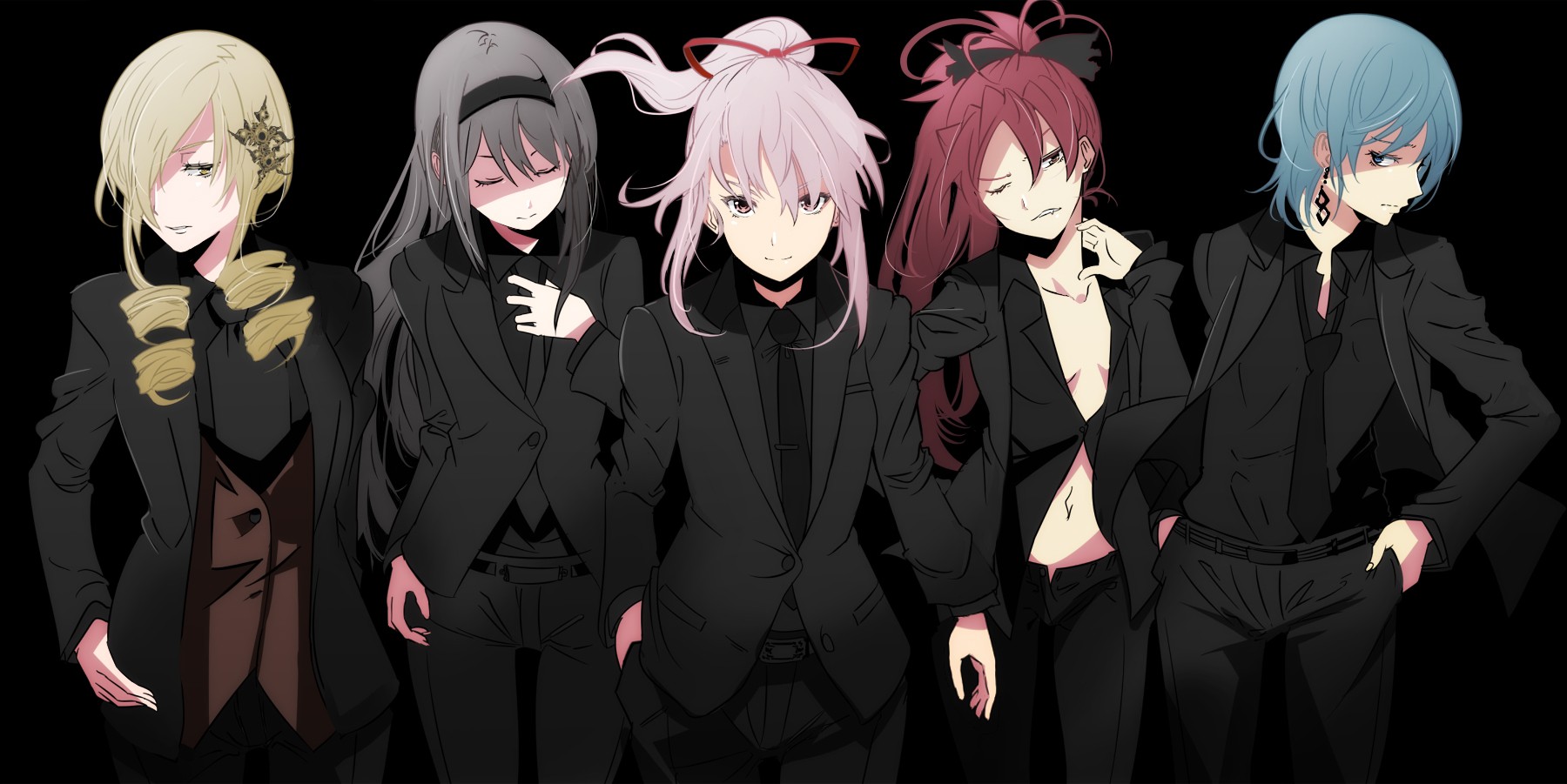 Mahou Shoujo Madoka Magica characters in black suits HD Wallpaper