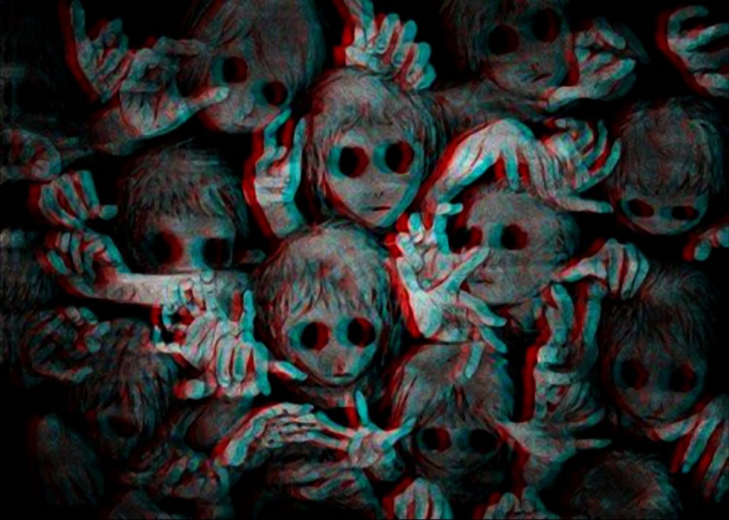 Creepy children with large eyes in a horror scene HD Wallpaper