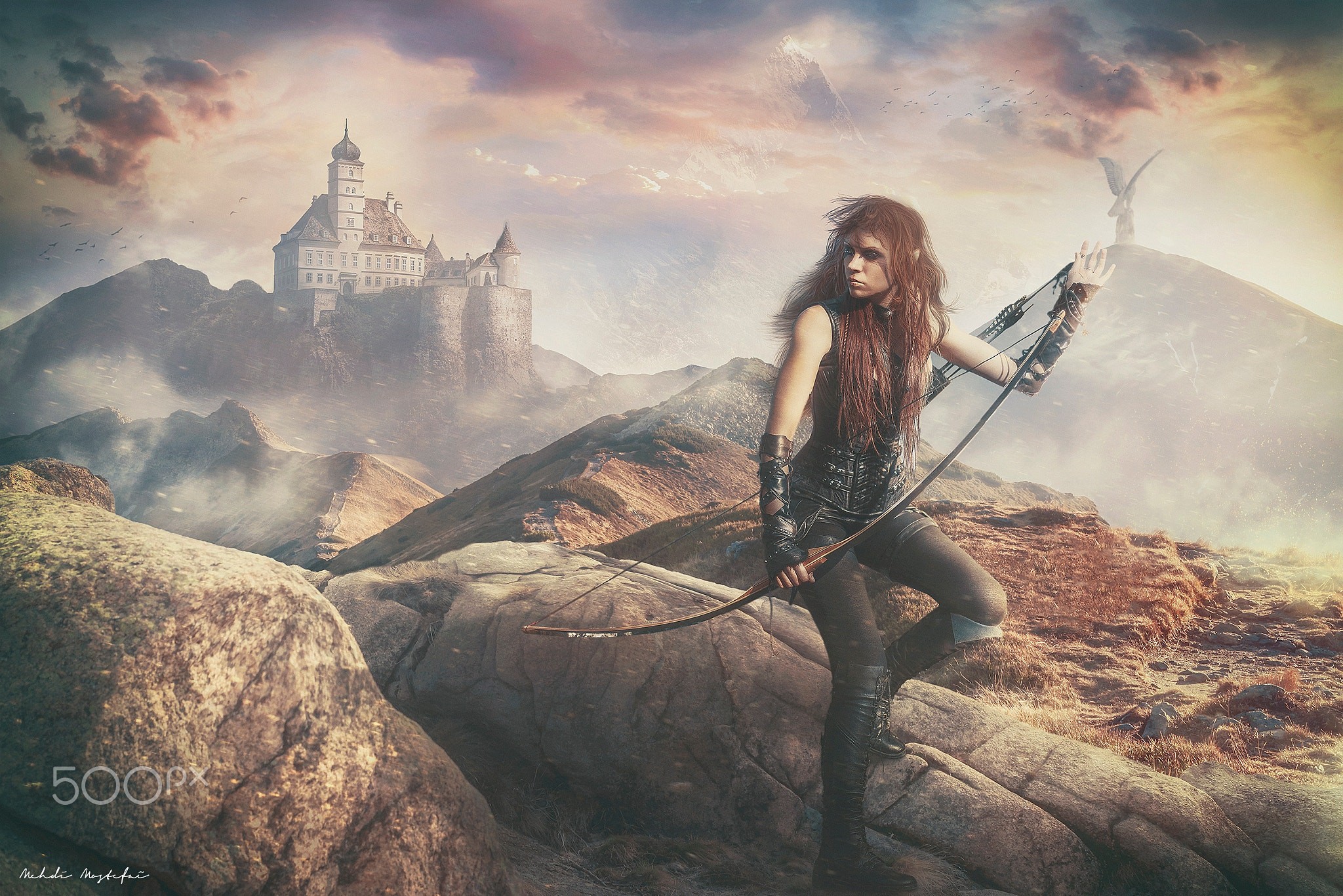 Fantasy girl with bow and arrow in front of castle HD Wallpaper