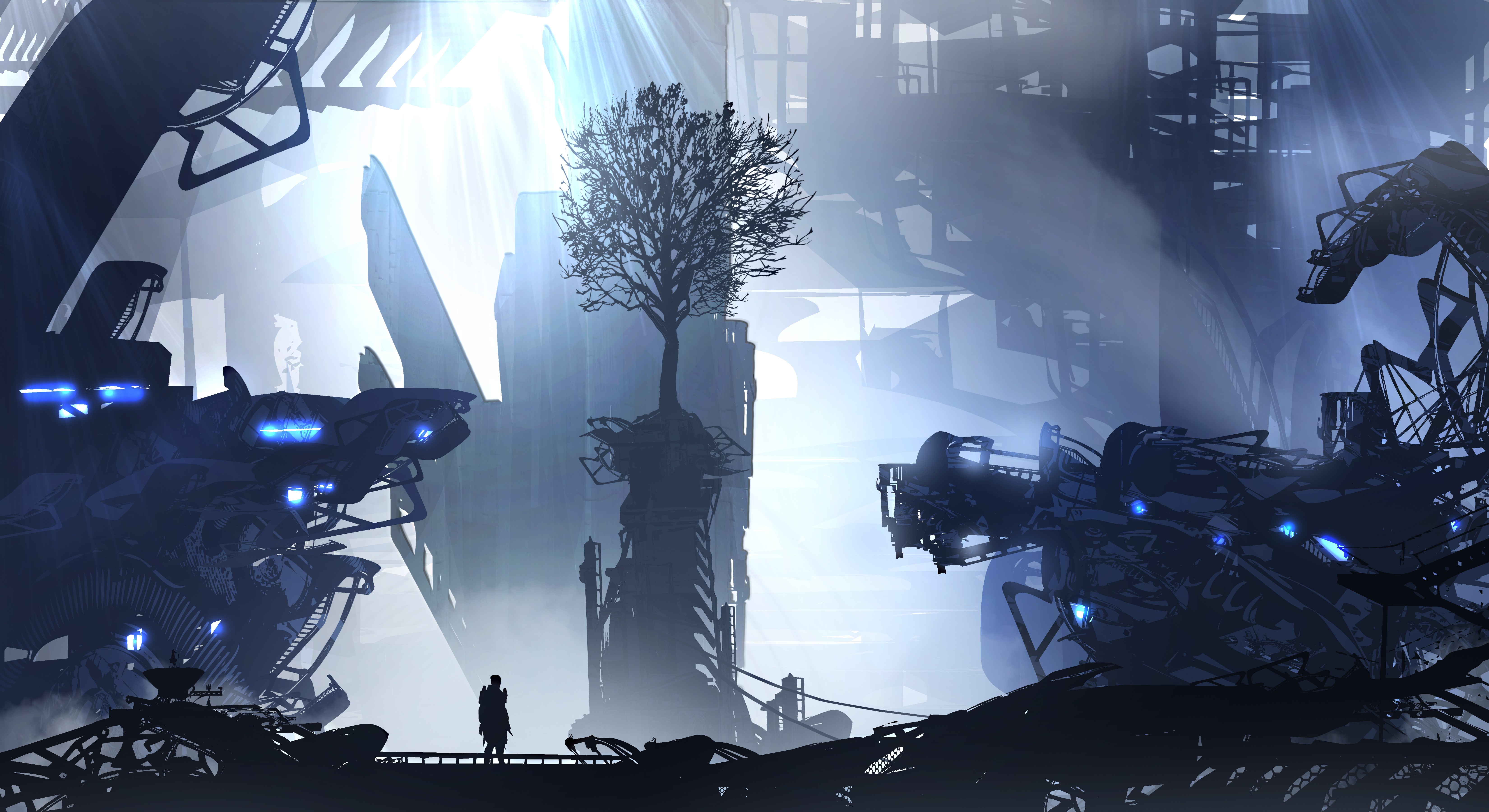 Futuristic ruins with a lone figure and a tree HD Wallpaper