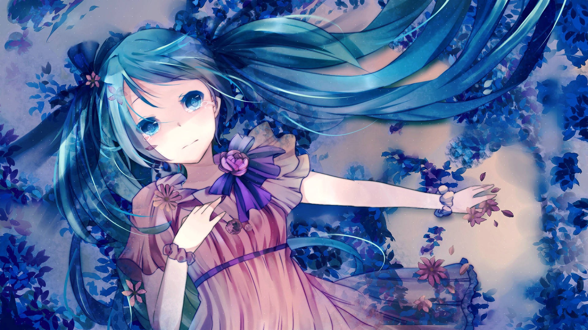 Hatsune Miku lying in blue flowers HD Wallpaper