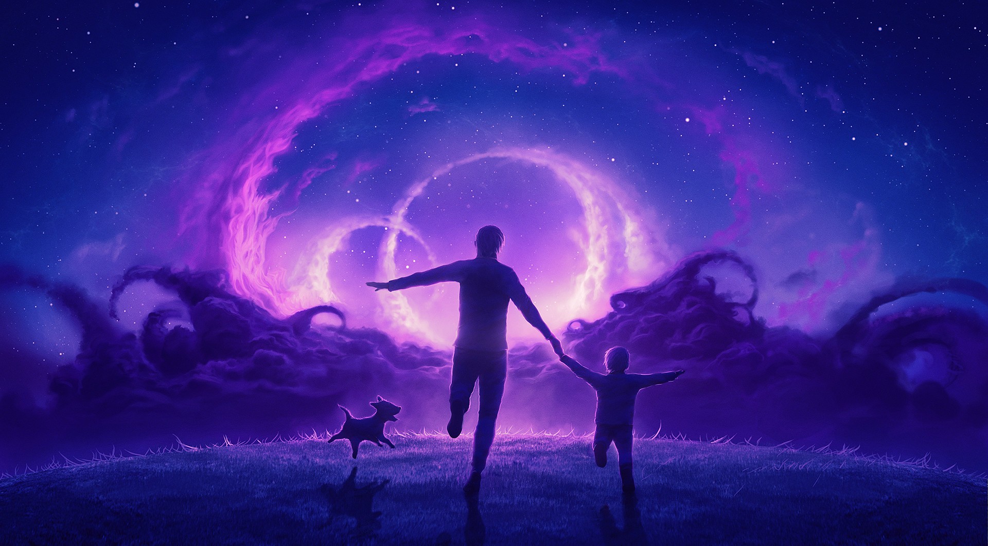 Father and child running with dog under purple nebula HD Wallpaper