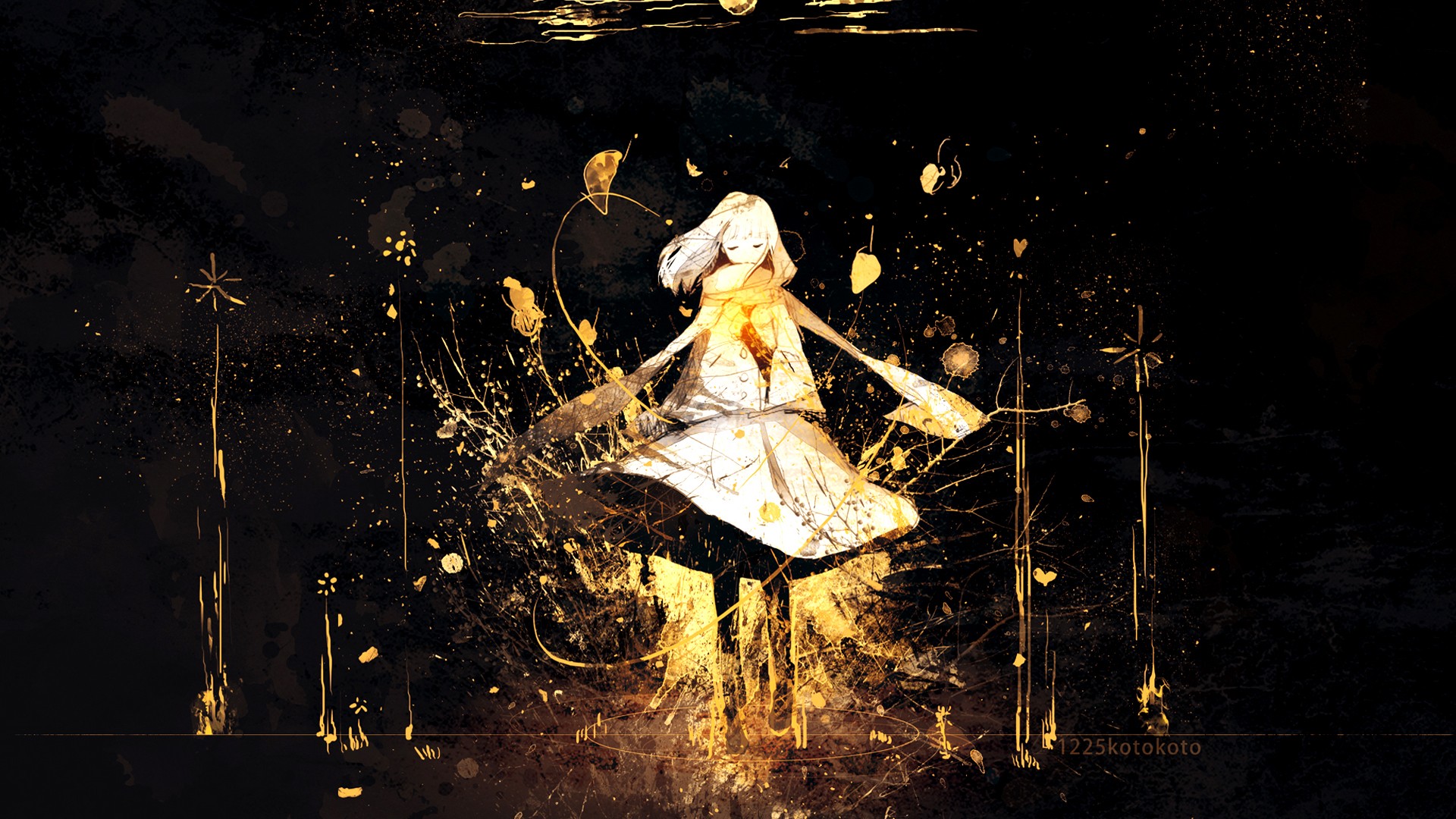 Anime girl with white hair and golden accents HD Wallpaper