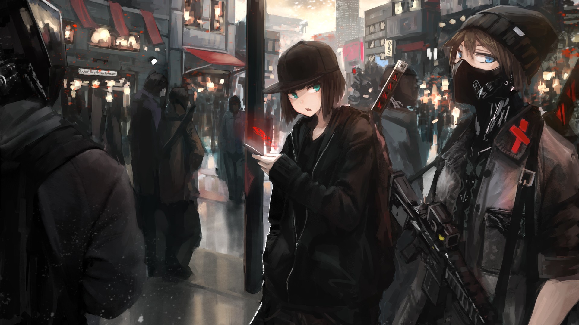 Anime girls with guns and katanas in a city HD Wallpaper