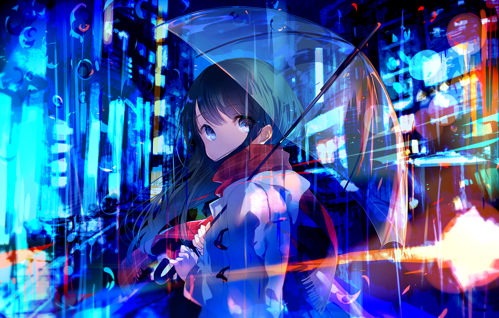 umbrella, anime girls, neon