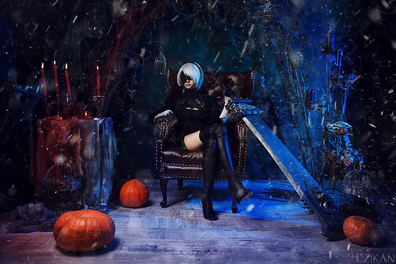 model, Nier: Automata, NieR, Helly von Valentine, Disharmonica, white hair, 2B (Nier: Automata), blindfold, cosplay, black dress HD Wallpaper