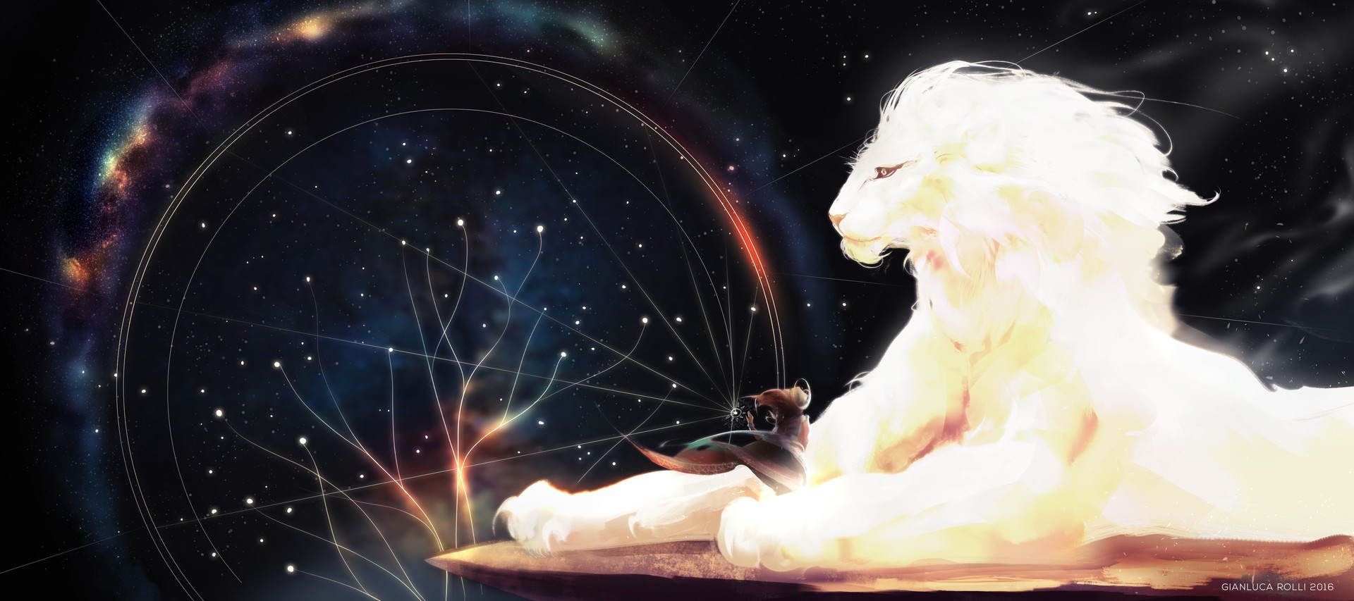 A white lion and a small figure in space HD Wallpaper