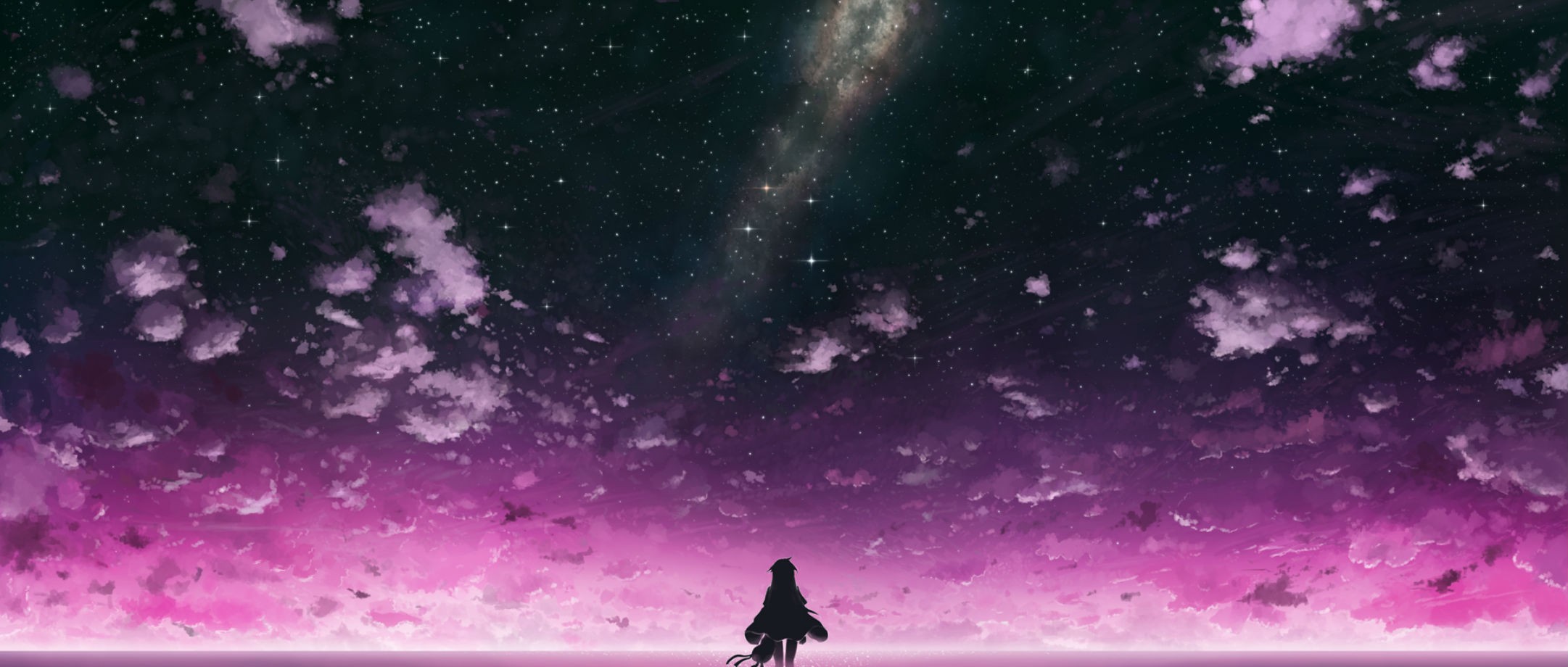 Silhouette of a girl and dog under a starry sky HD Wallpaper