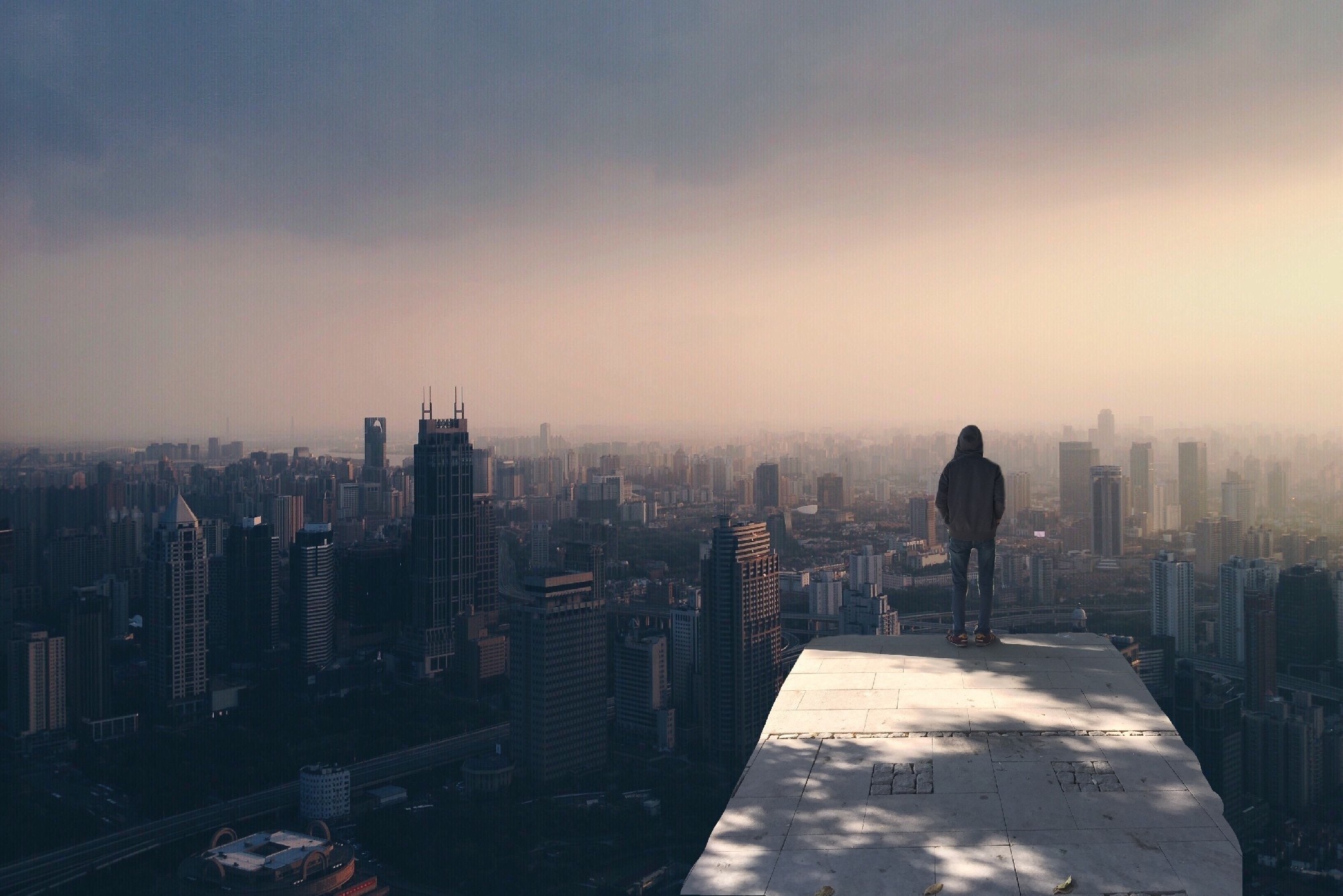 Person standing on a rooftop overlooking a city HD Wallpaper