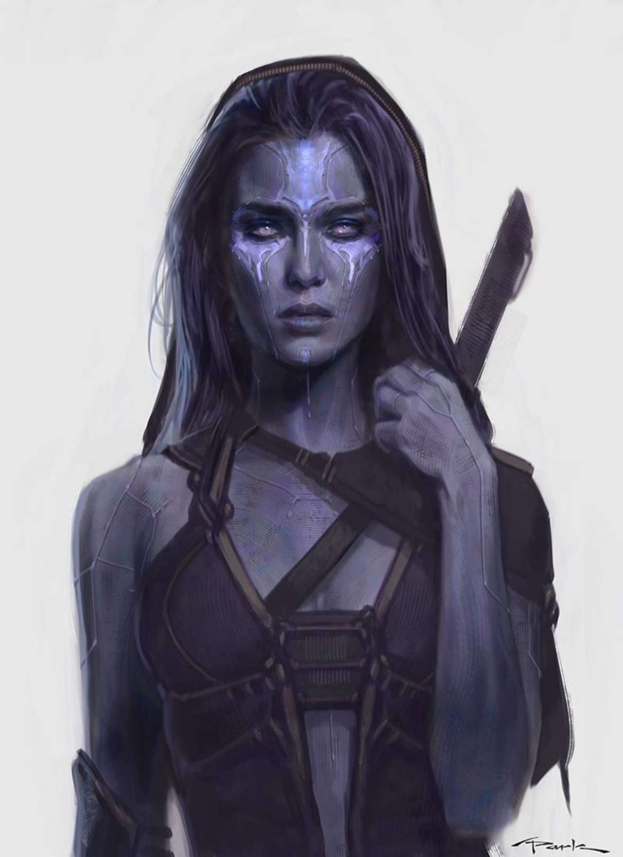 Concept art of a female warrior with purple skin HD Wallpaper
