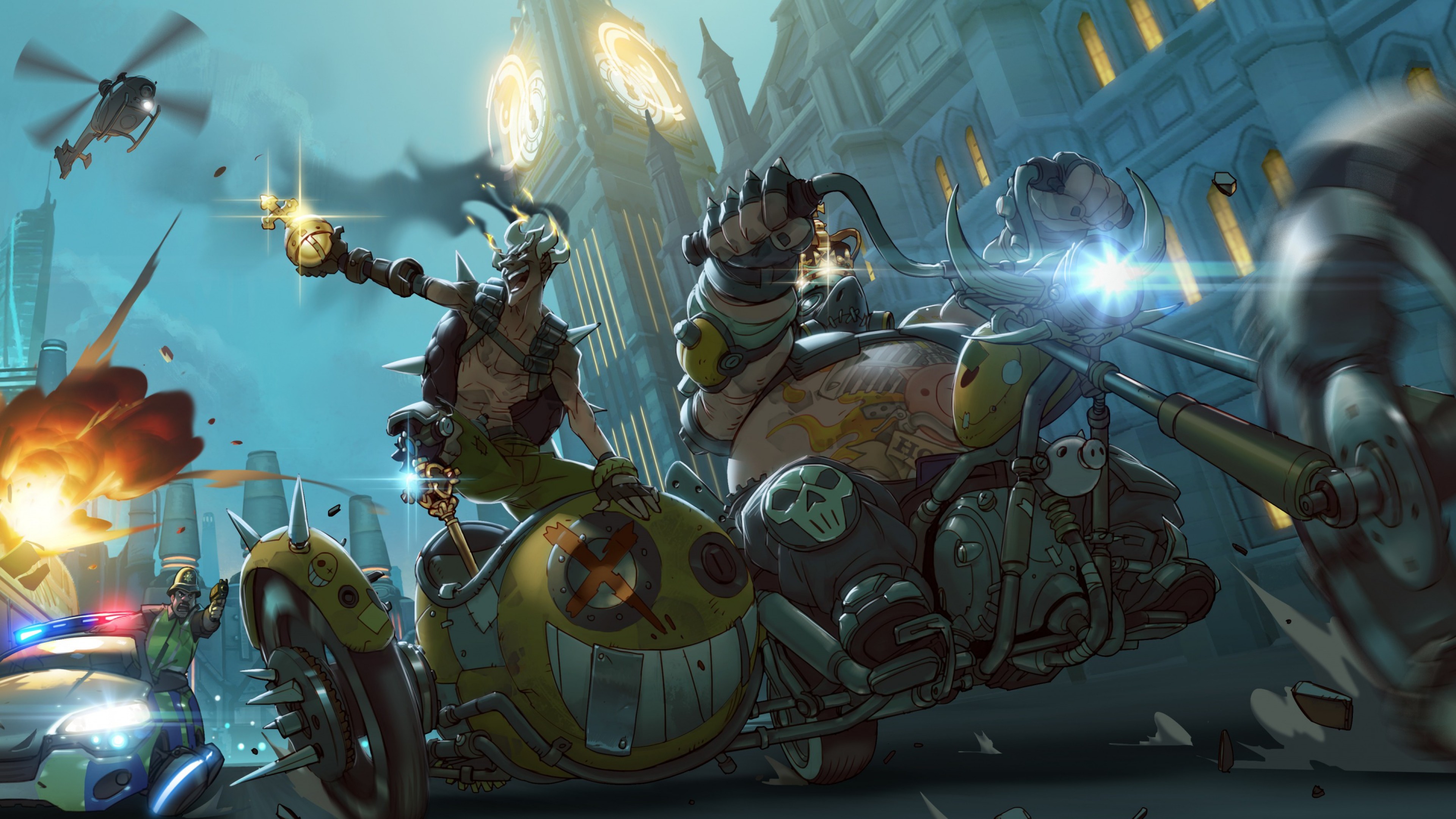 Junkrat and Roadhog from Overwatch on a motorcycle HD Wallpaper