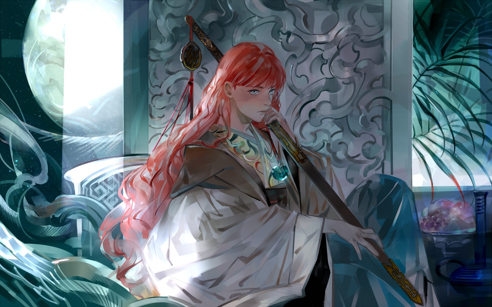Anime girl with red hair holding a sword HD Wallpaper