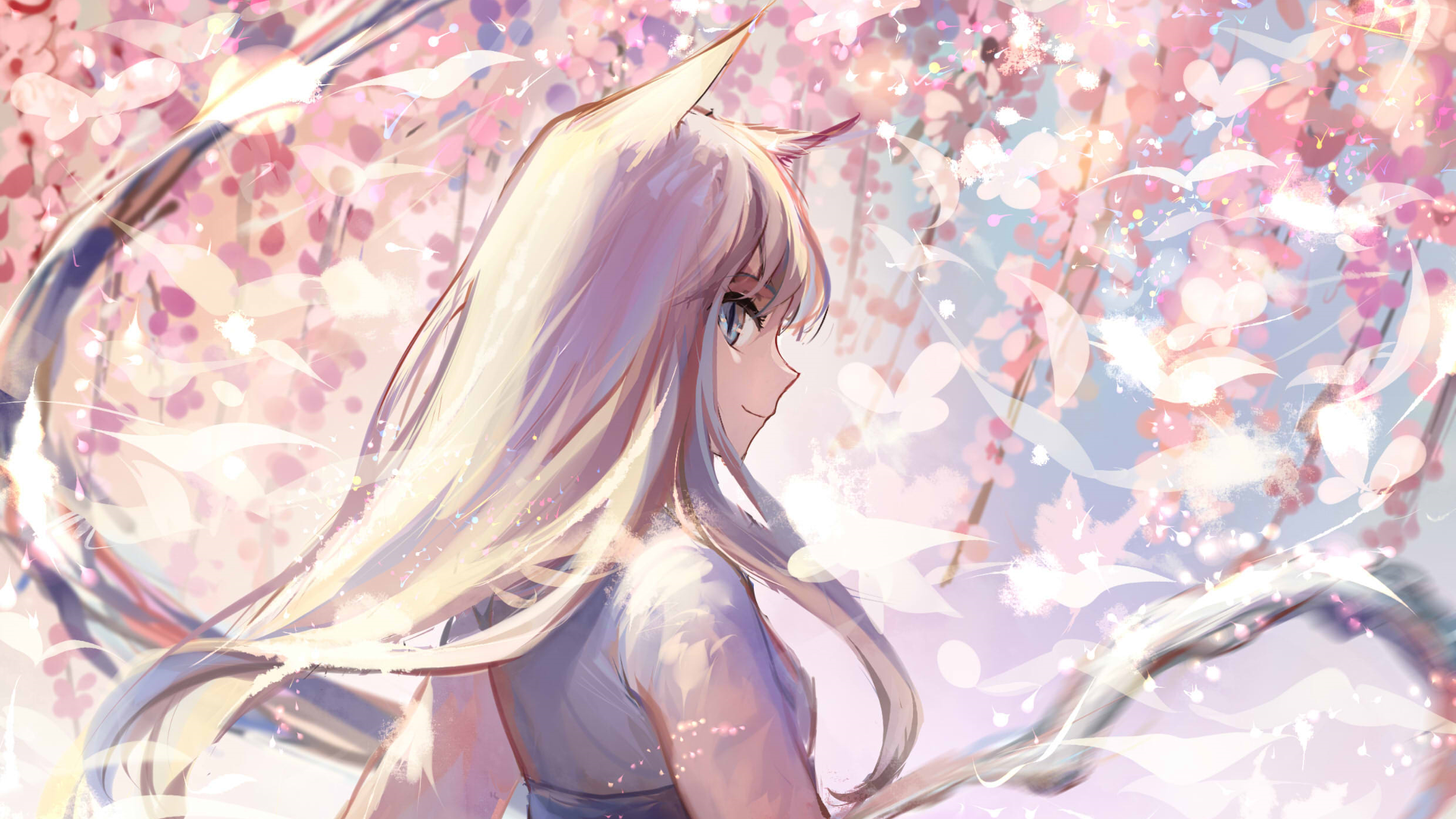 Anime girl with fox ears and long hair among cherry blossoms HD Wallpaper