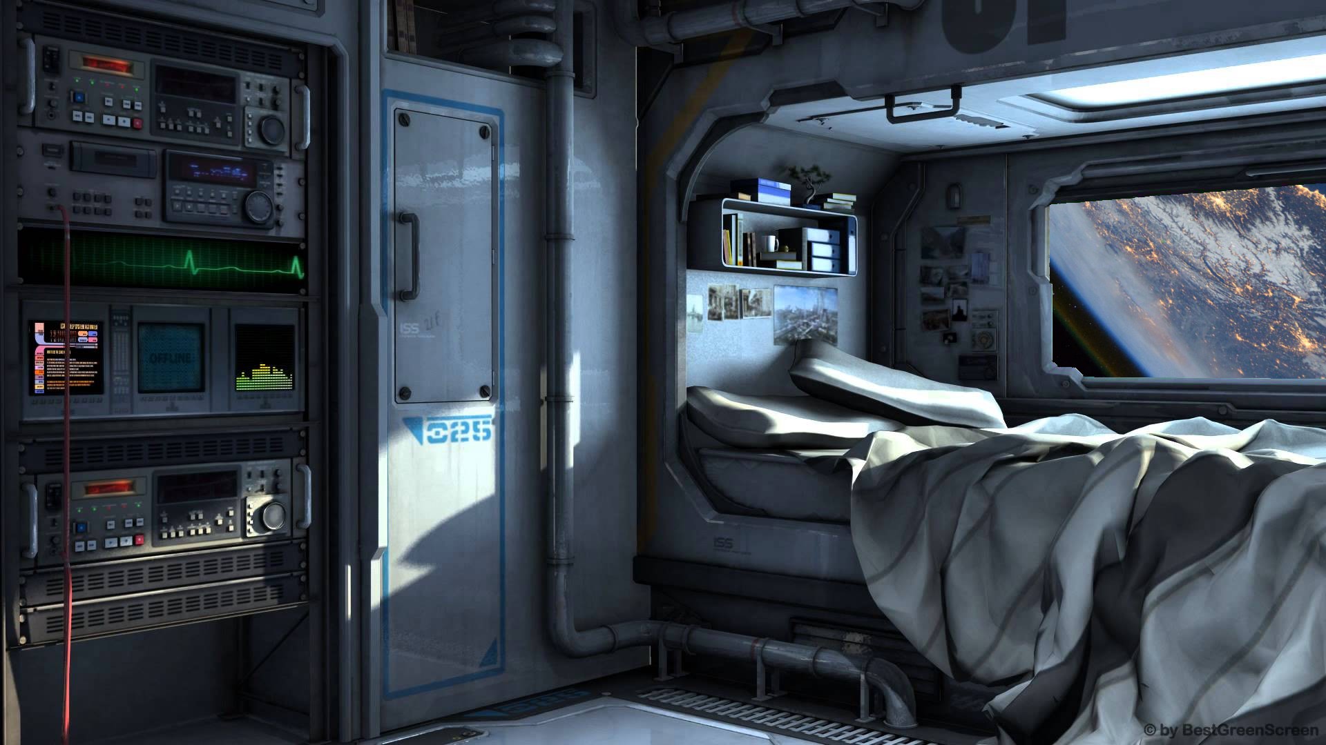 Interior of a spaceship cabin with Earth view HD Wallpaper