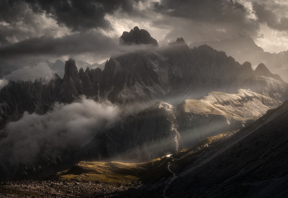 storm, Dolomites (mountains), Italy, dirt road, landscape, photography, mountains, summer, nature, sun rays, clouds HD Wallpaper