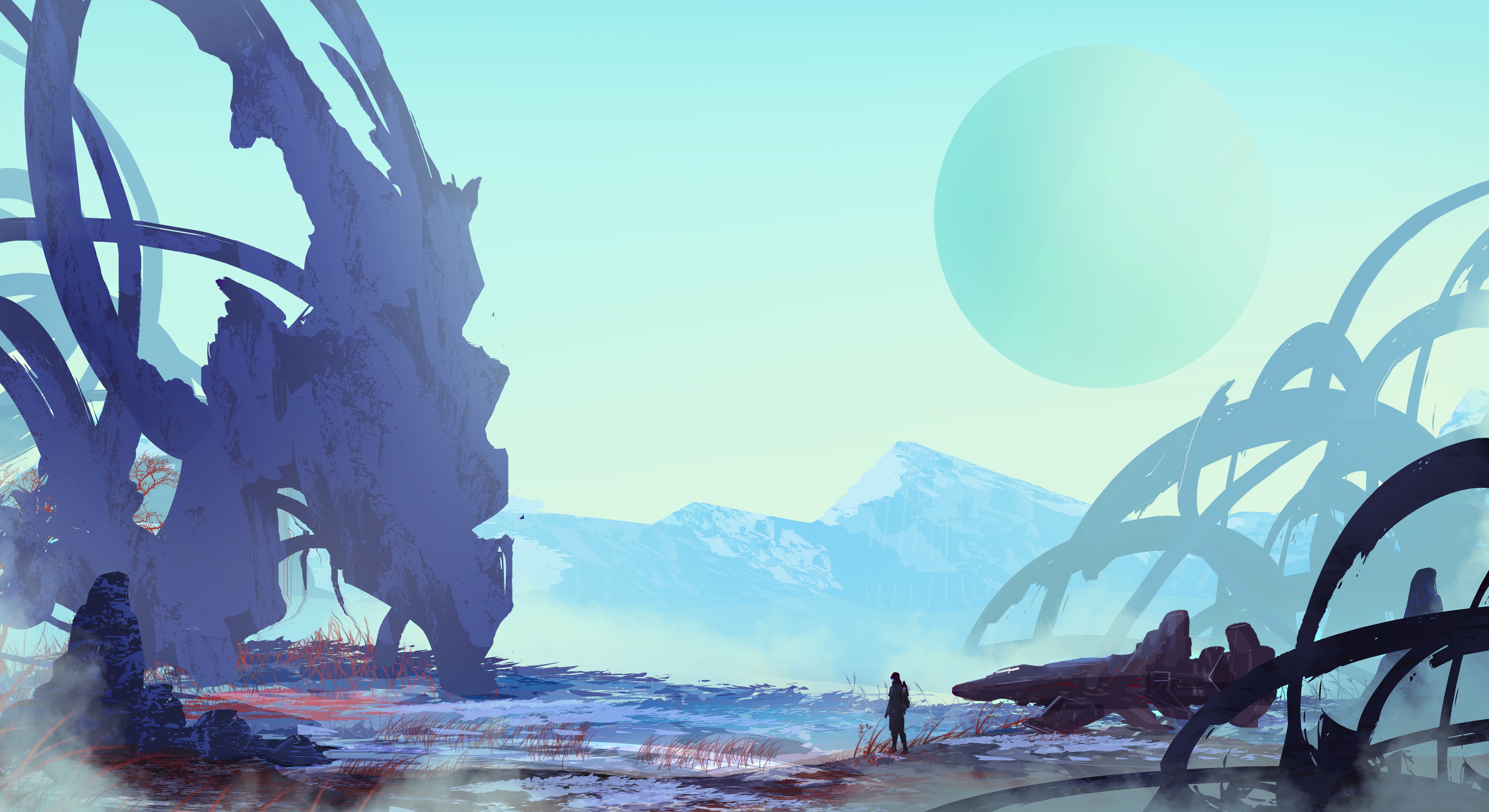Fantasy landscape with alien structures and a lone figure HD Wallpaper
