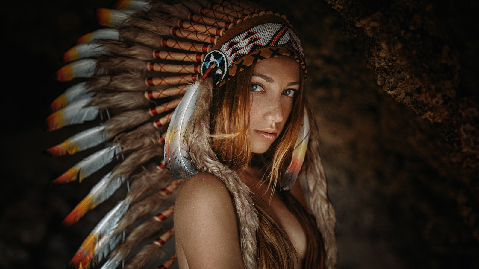 model, face, Margo Zhuravlyova, long hair, Georgy Chernyadyev, redhead, women, gray eyes, 500px, looking at viewer, headdress HD Wallpaper