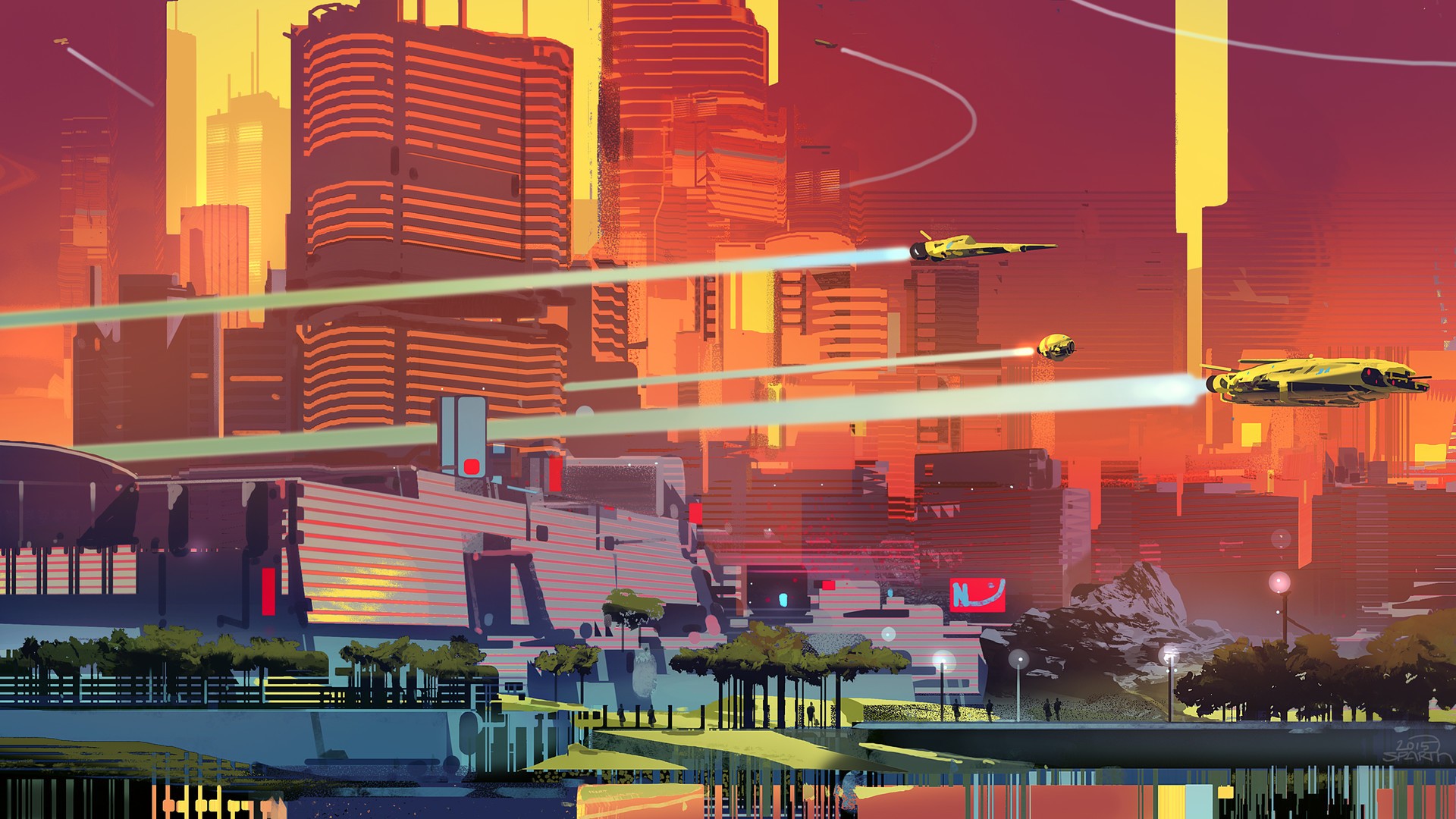 Futuristic city with flying vehicles, science fiction artwork HD Wallpaper