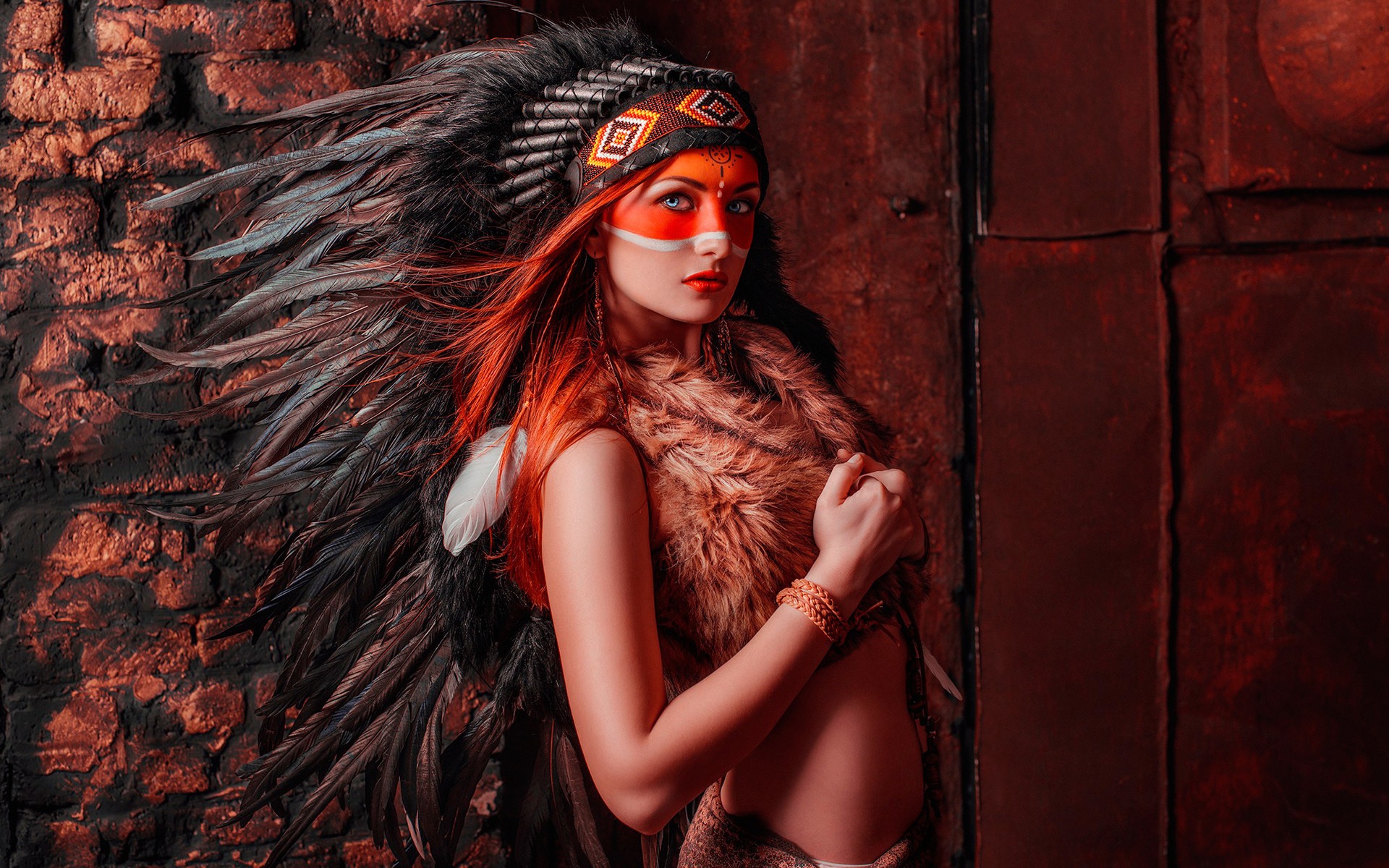 Woman with Native American headdress and face paint HD Wallpaper