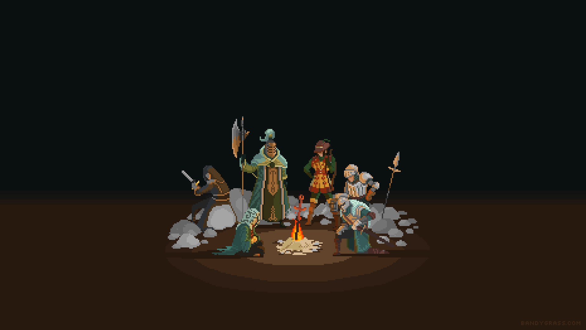 Pixel art characters gathered around a bonfire from Dark Souls HD Wallpaper