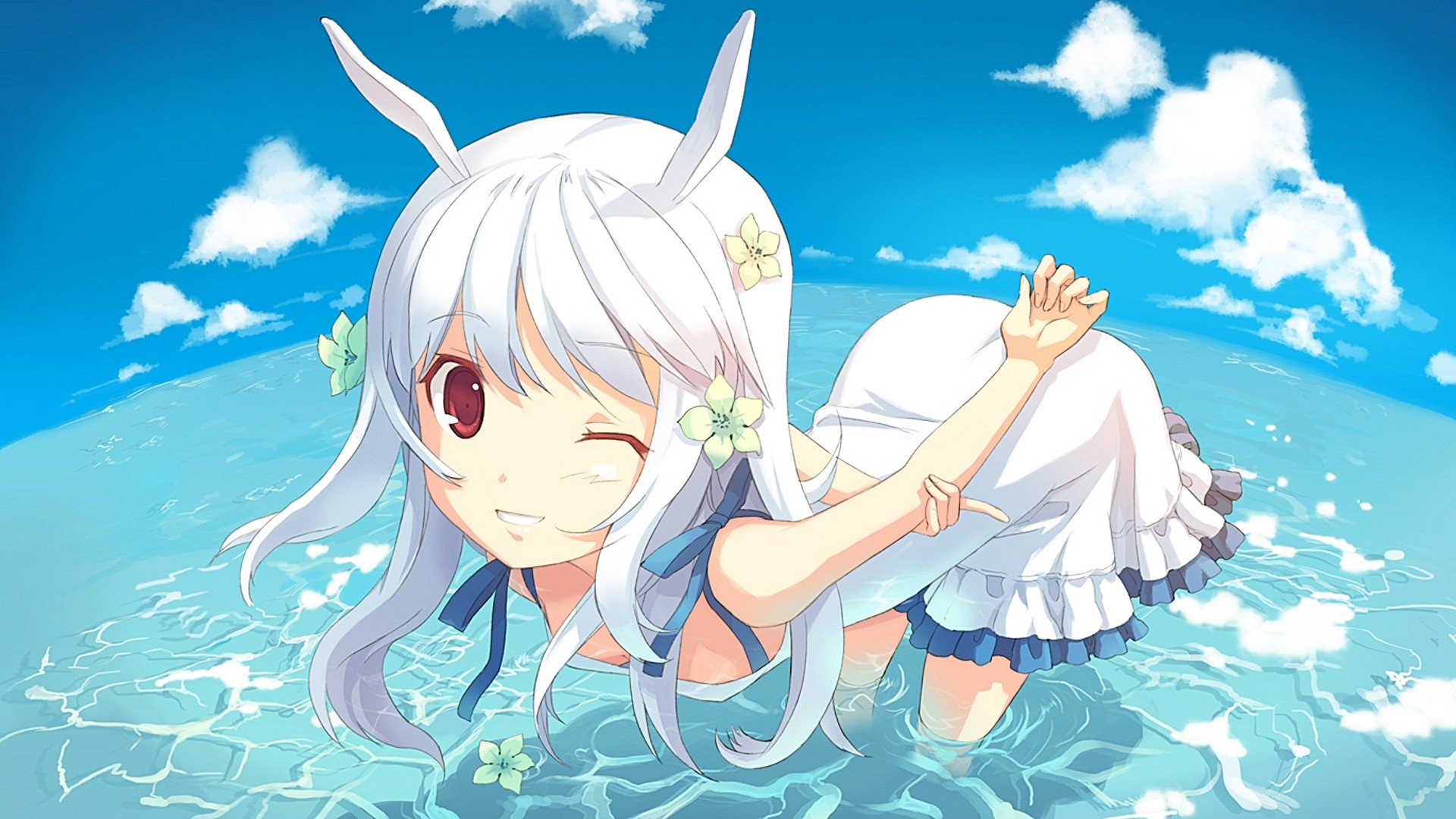 Anime girl with bunny ears in water HD Wallpaper