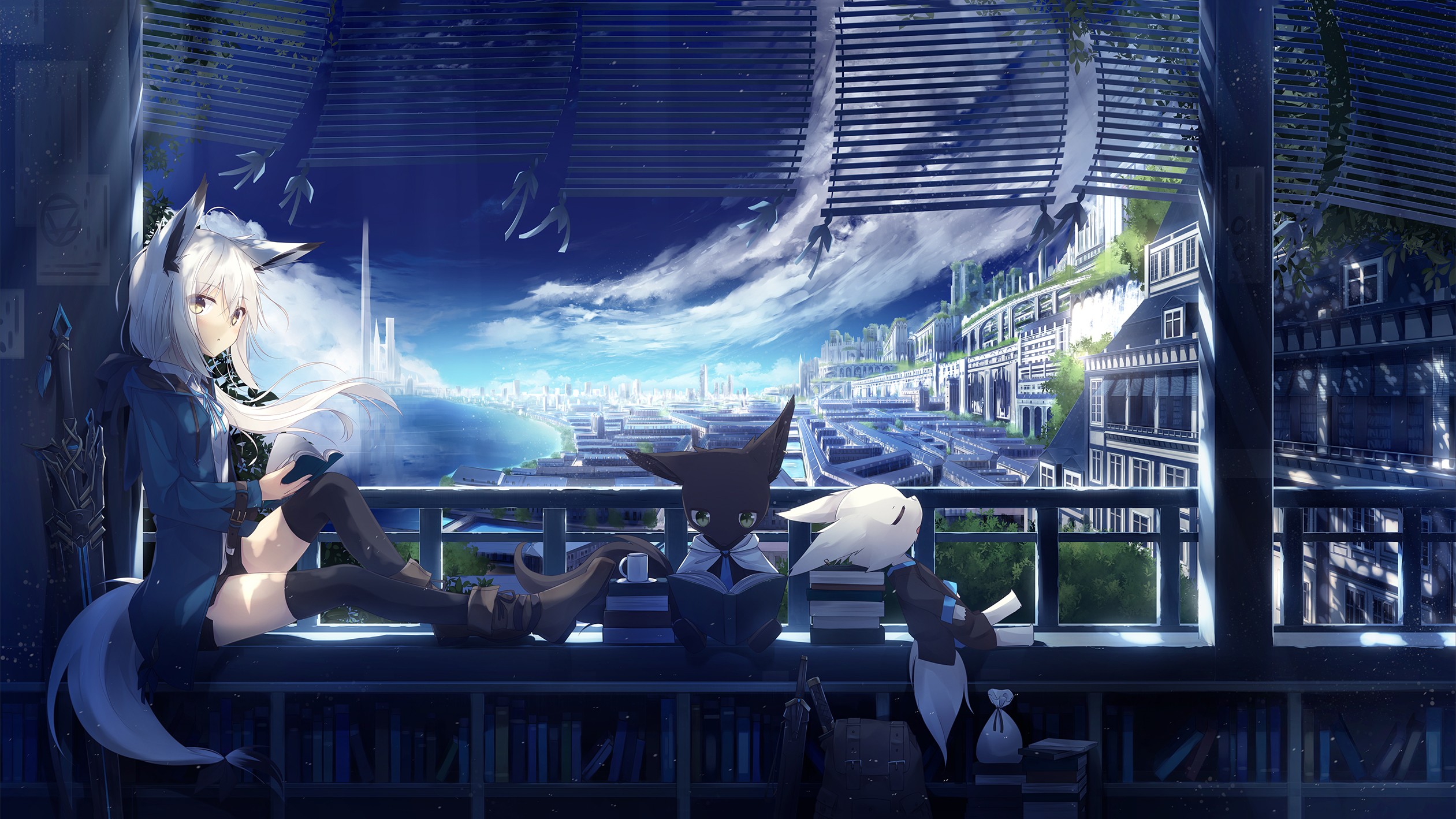Anime girl with fox ears reading by a futuristic city window HD Wallpaper