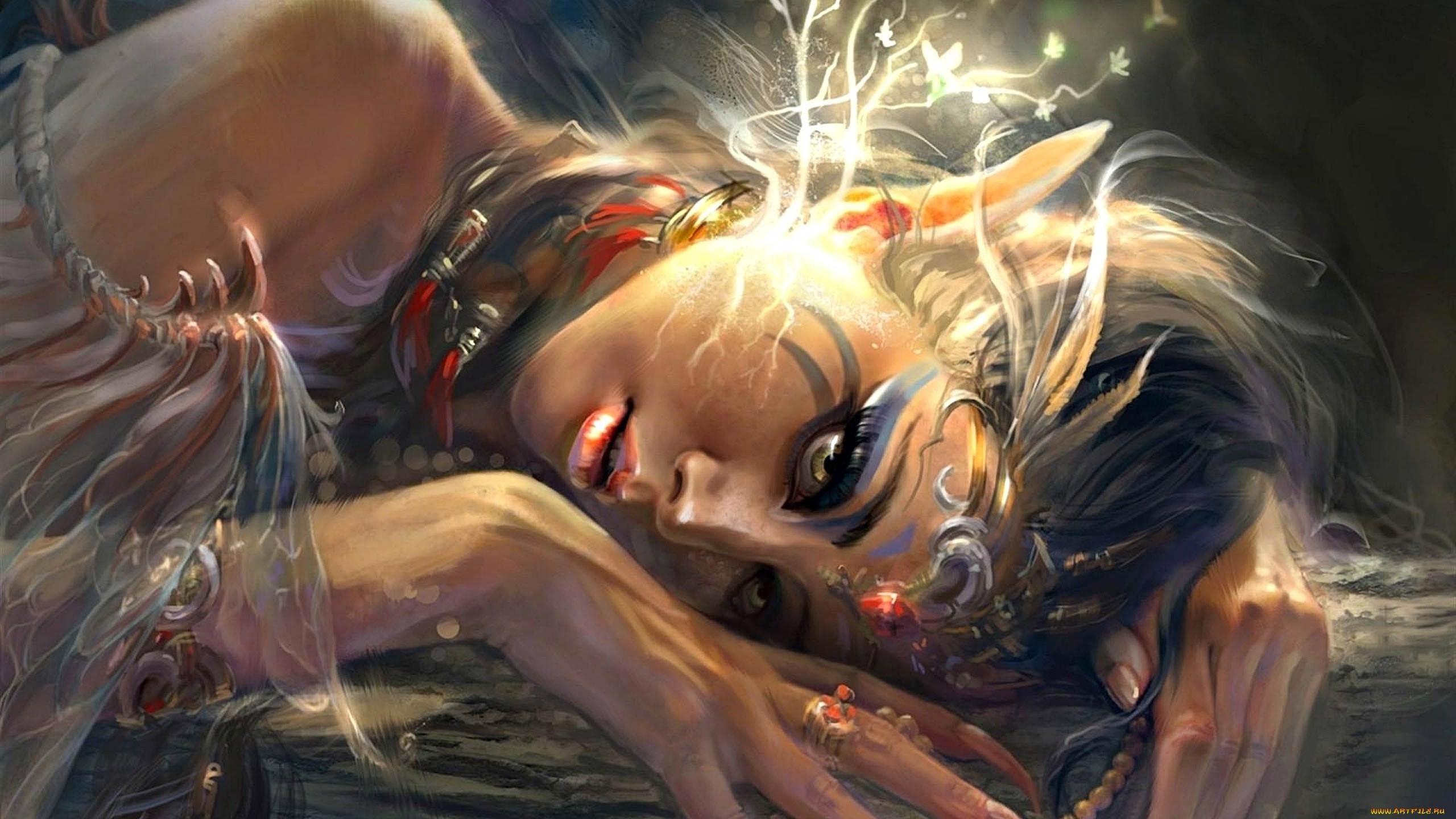 Fantasy art of a woman with glowing branches HD Wallpaper