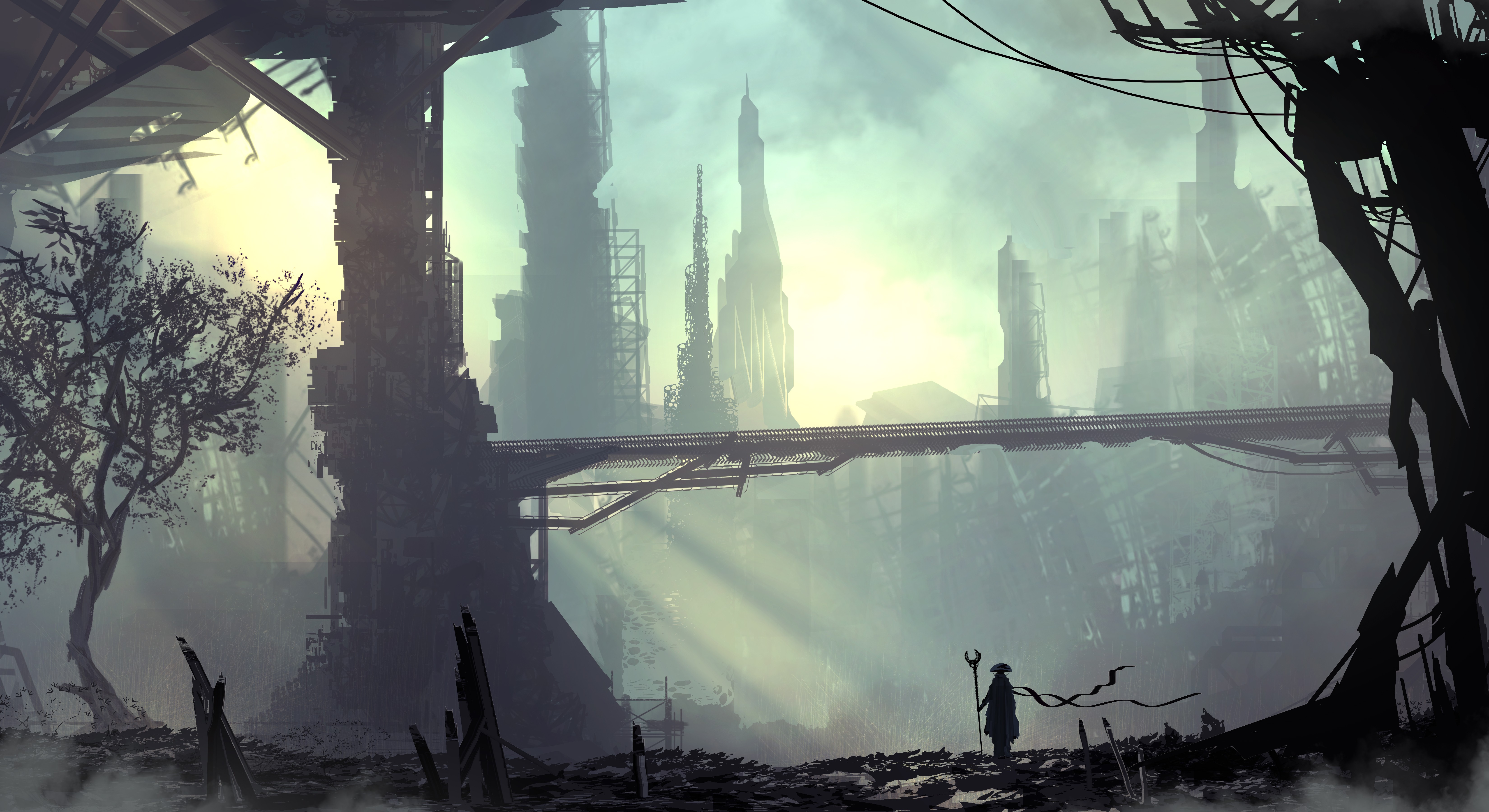 Futuristic cyberpunk city ruins with a lone figure HD Wallpaper
