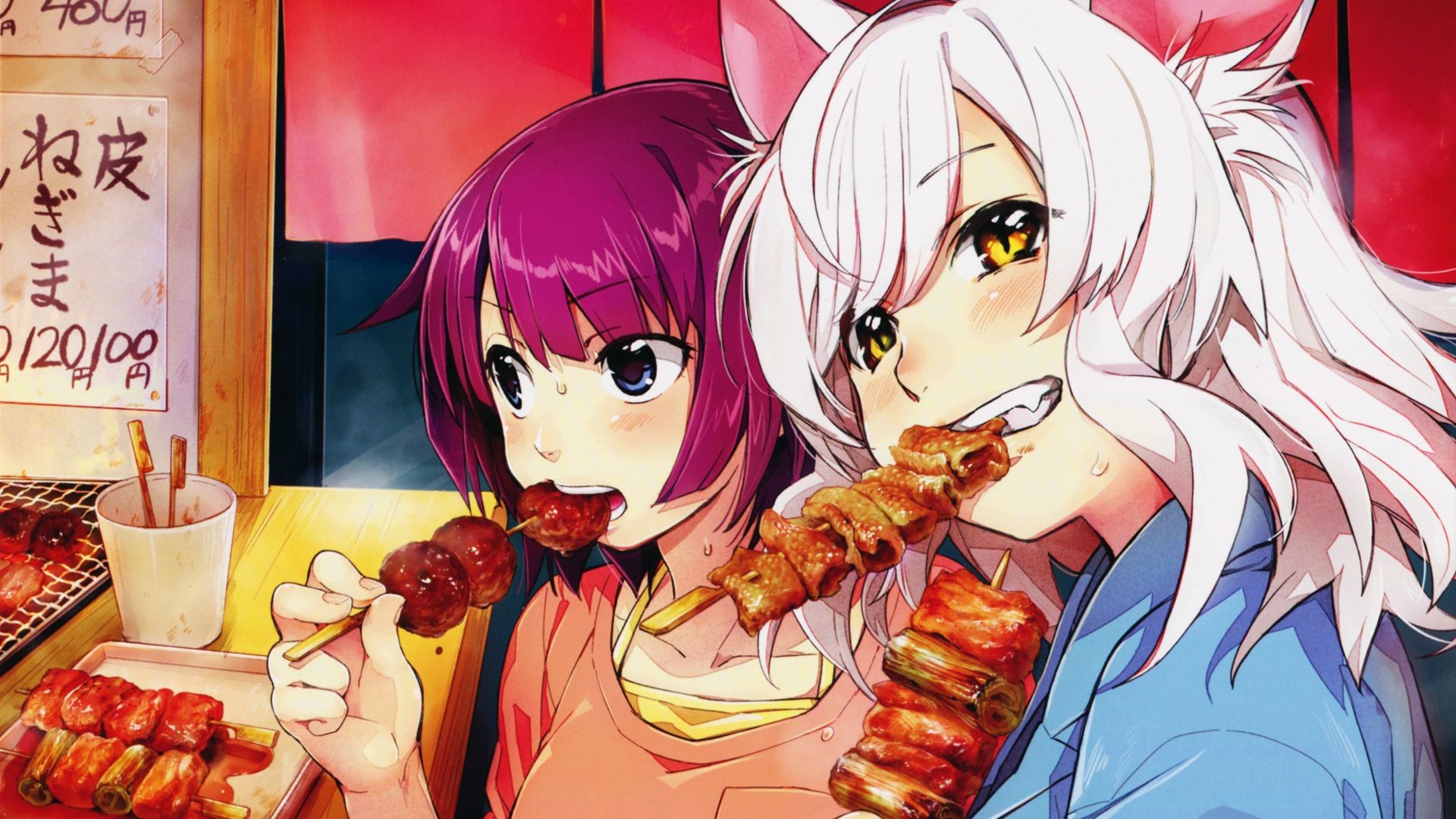 Anime girls eating skewers HD Wallpaper