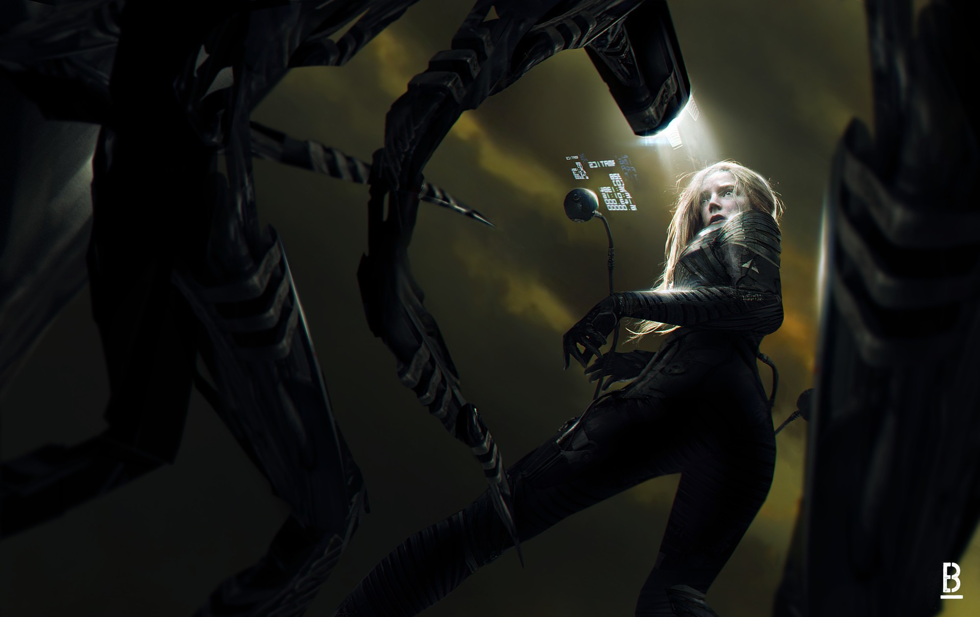 Woman in futuristic suit near alien machinery HD Wallpaper