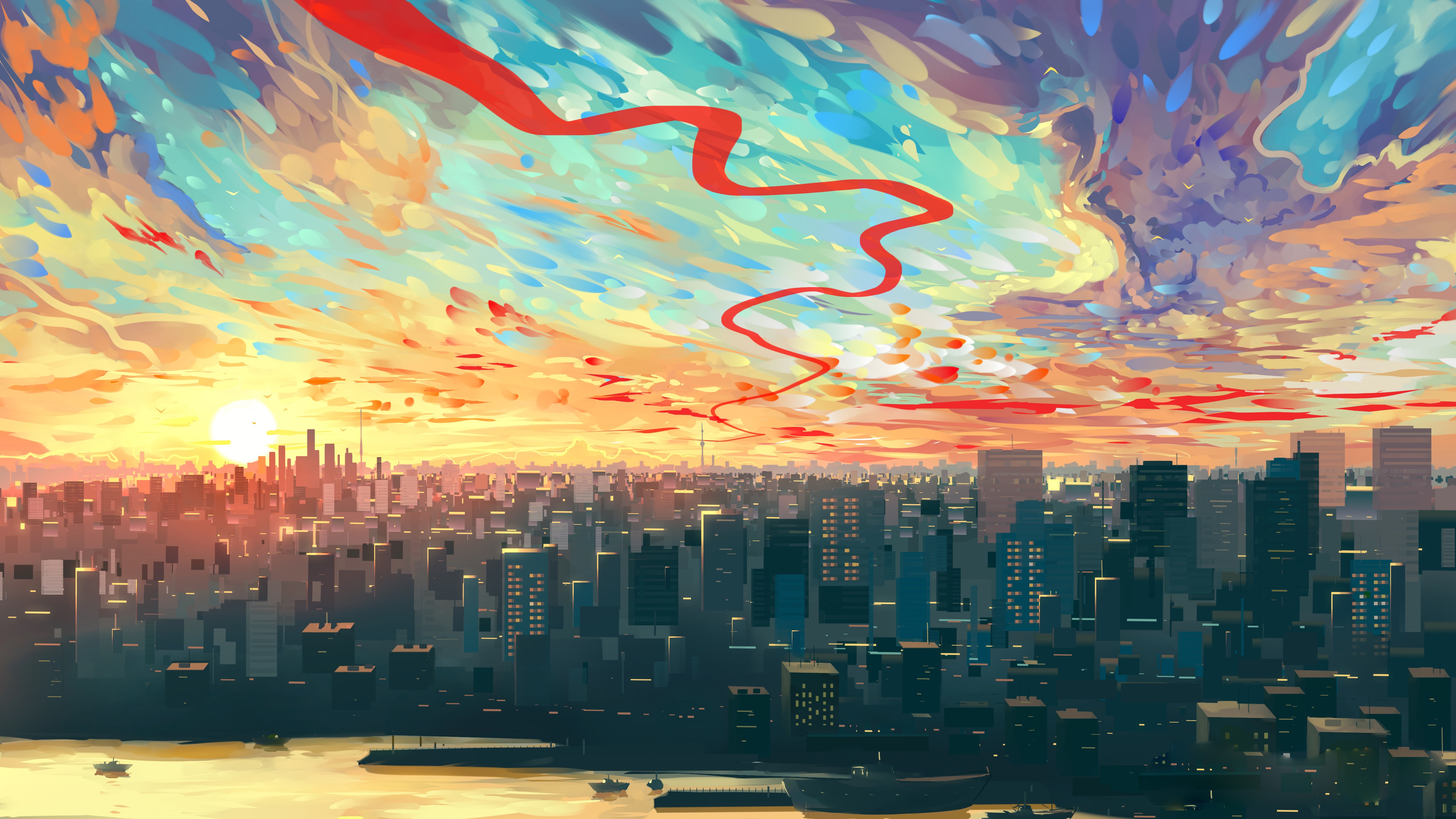 Cityscape at Sunset with Red Ribbon in Sky by Alexander Komarov HD Wallpaper