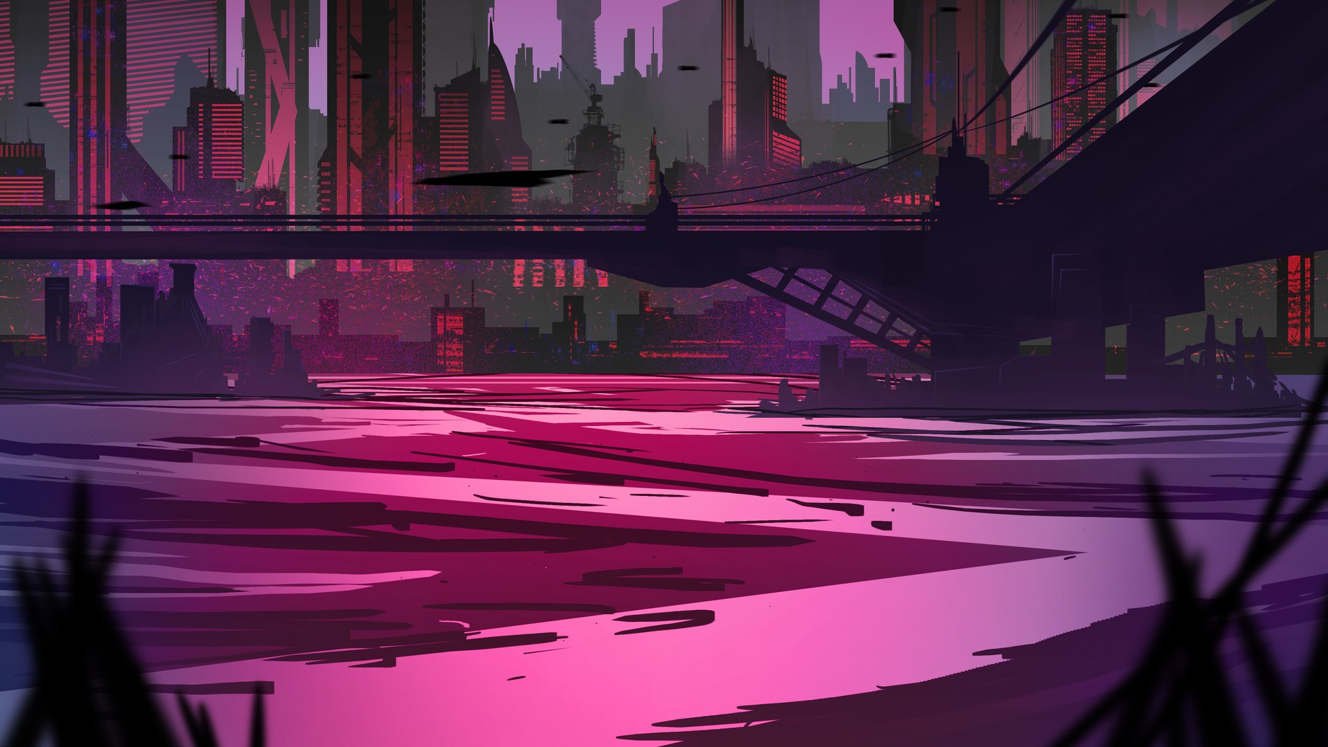 Futuristic cityscape illustration with a bridge and water HD Wallpaper