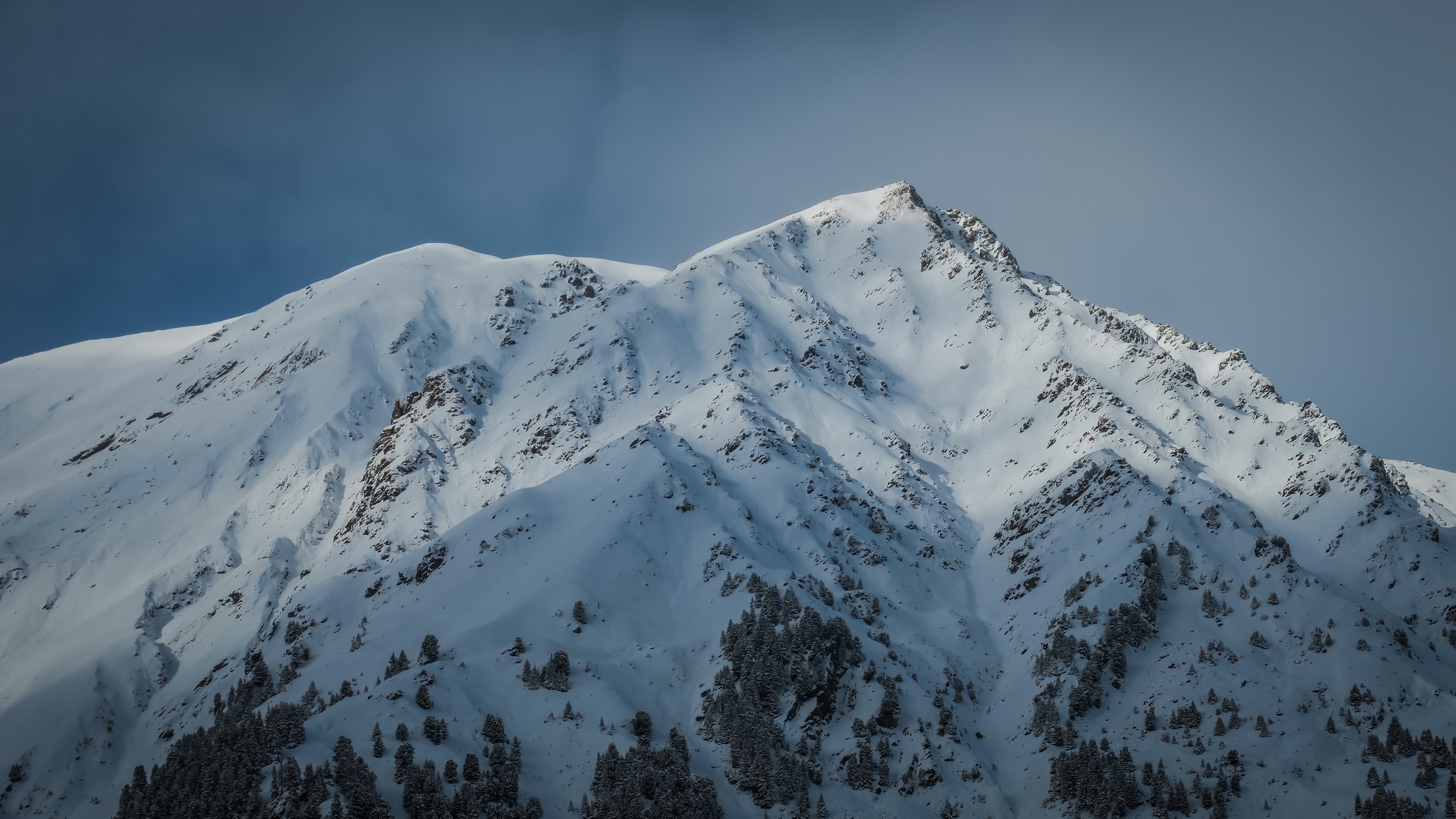 Snow-covered mountains with scattered trees under a cloudy sky HD Wallpaper