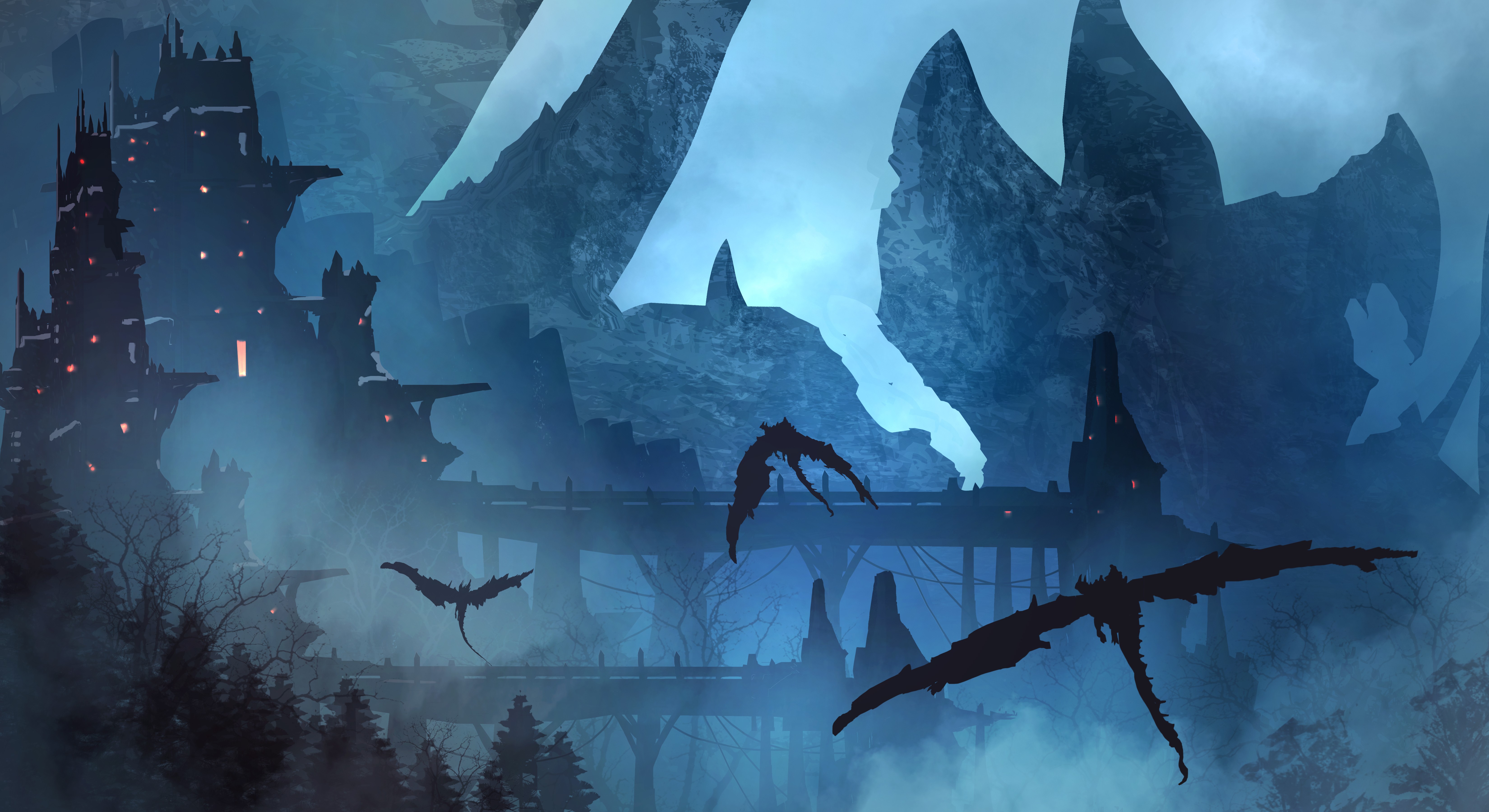 Fantasy landscape with dragons and castles HD Wallpaper