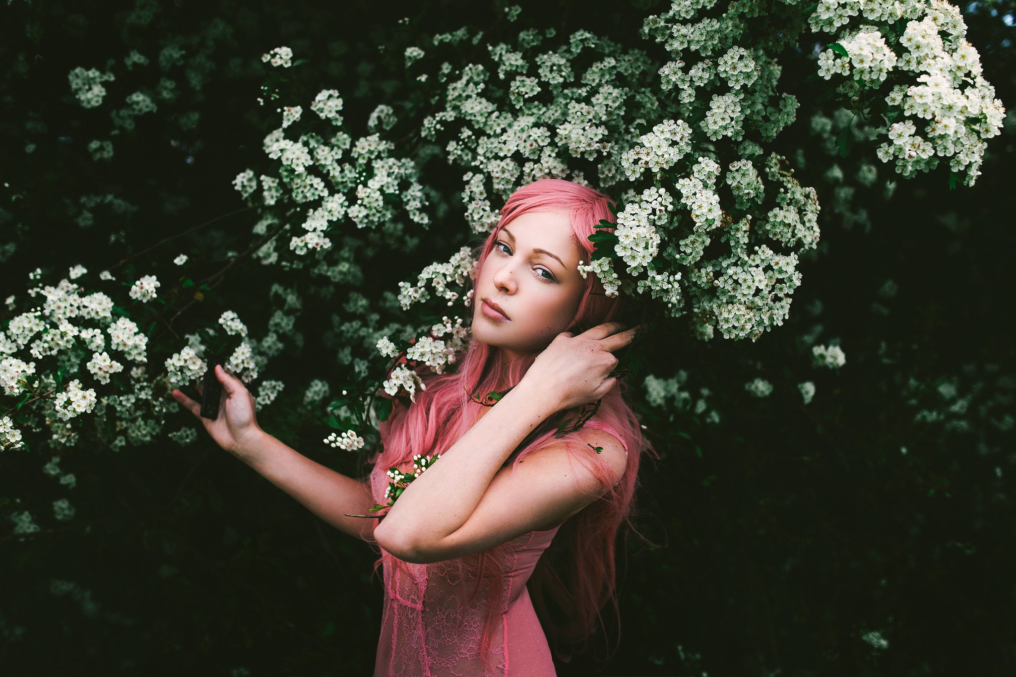 Woman with pink hair and pink dress among white flowers HD Wallpaper