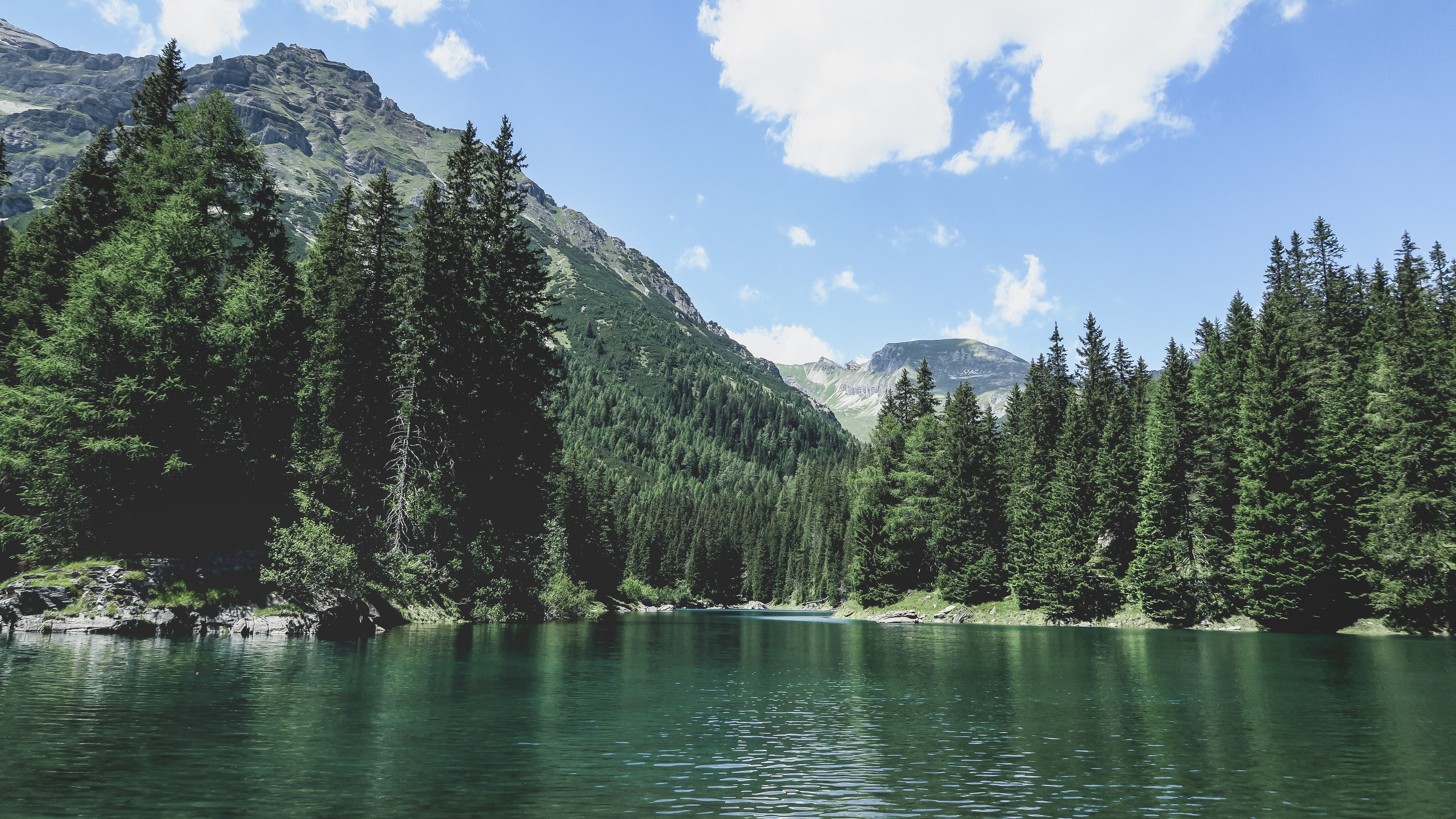 Lake and forest with mountains under a blue sky HD Wallpaper