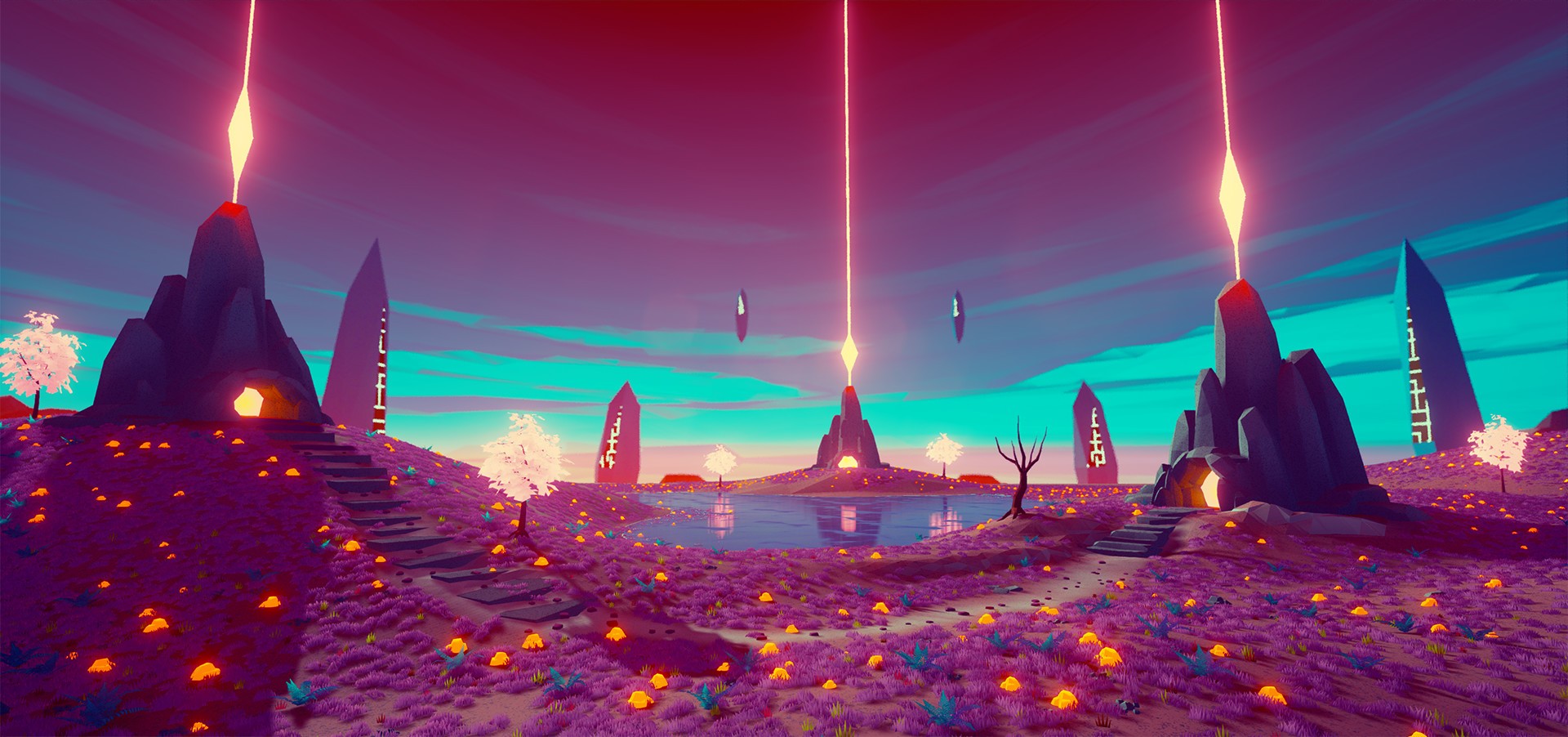 Alien landscape with glowing crystals and monoliths HD Wallpaper