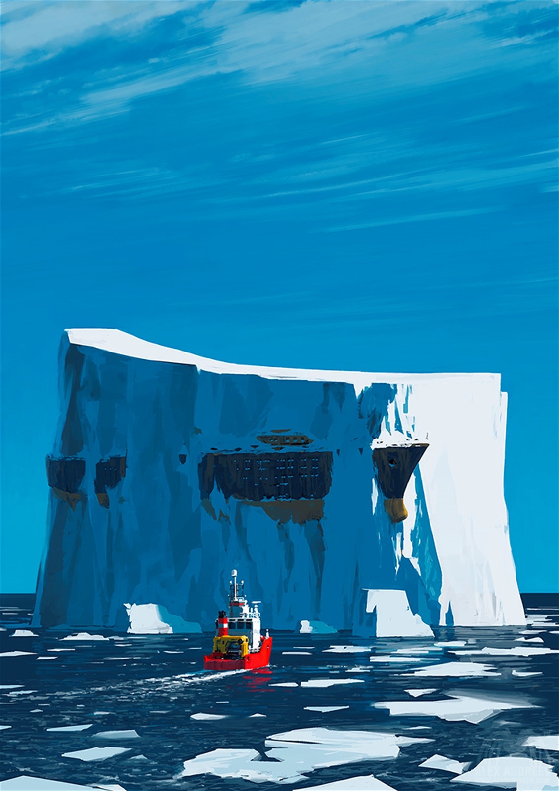 A surreal iceberg with structures and a tugboat in icy waters HD Wallpaper