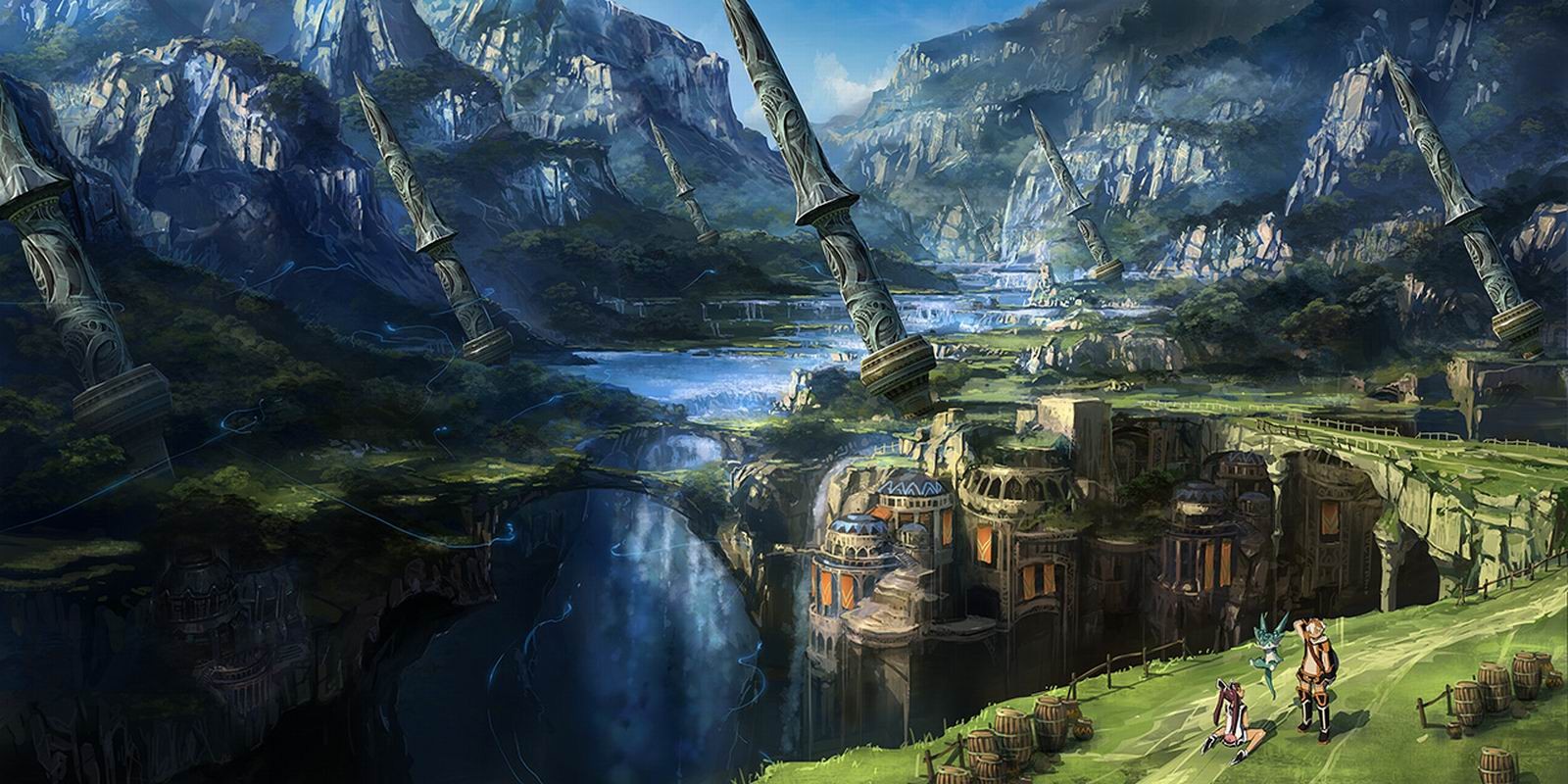Anime landscape with ancient ruins and waterfalls HD Wallpaper
