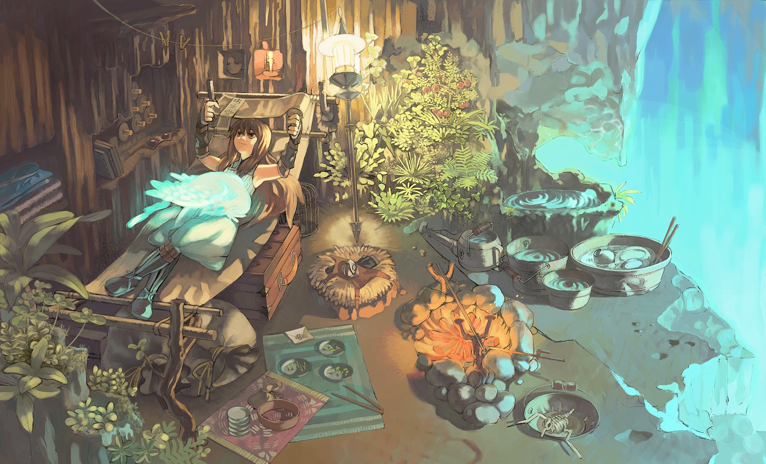 Anime girl resting with a glowing creature in a cave HD Wallpaper