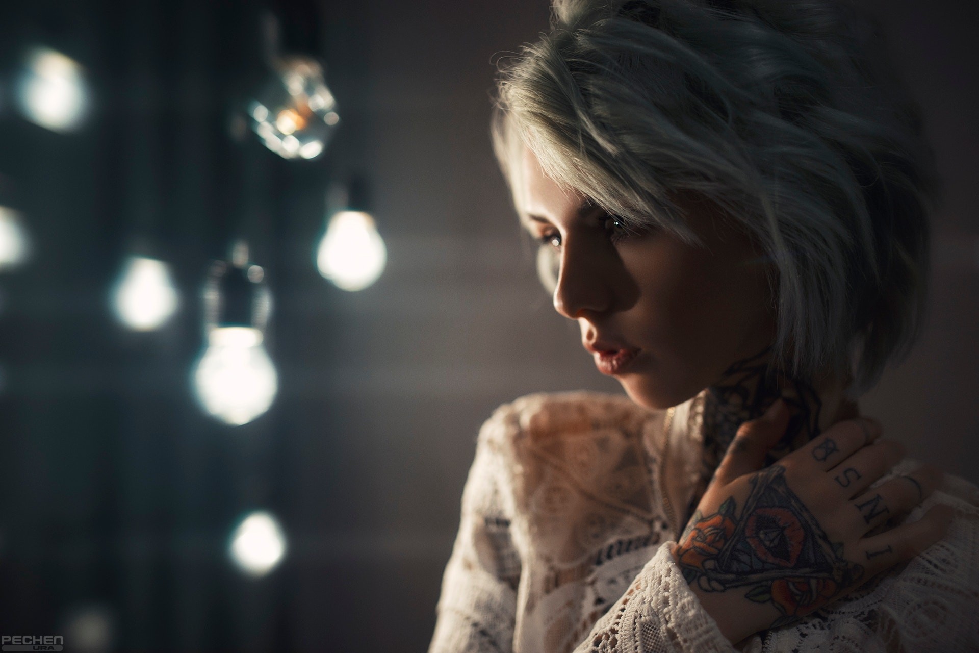 Anuta Bessonova with tattoos and lightbulbs HD Wallpaper