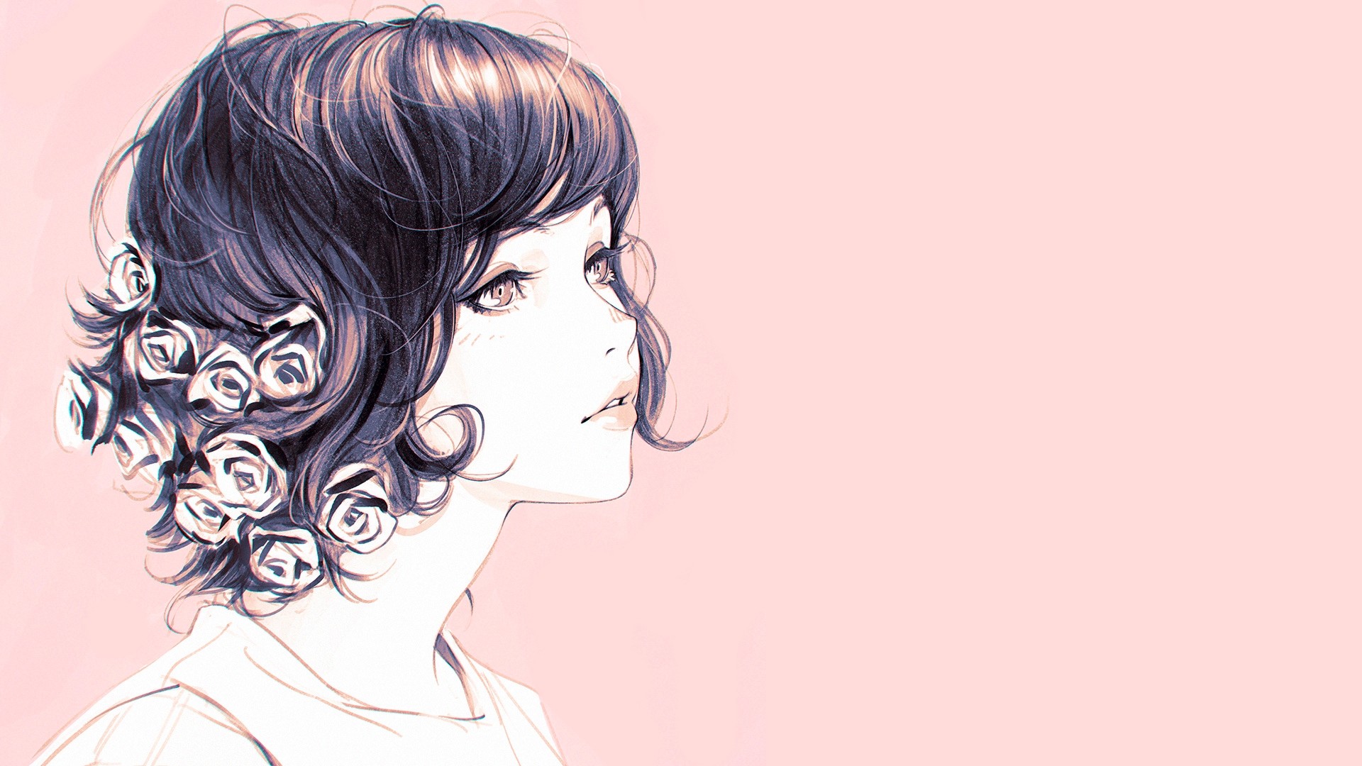Artwork of a woman with flowers in her hair by Ilya Kuvshinov HD Wallpaper